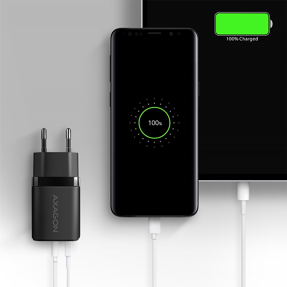 Axagon ACU-PQ30 Ladegerät QC3.0, 4.0/AFC/FCP/PPS/Apple+ PD USB-C, 30W - schwarz - Kompaktes Ladegerät - 1x USB-C und 1x USB-A Mobiltelefon, Smartphone, SmartWatch, Tablet, Universel Sort Vekselstrøm Hurtig opladning Indendørs