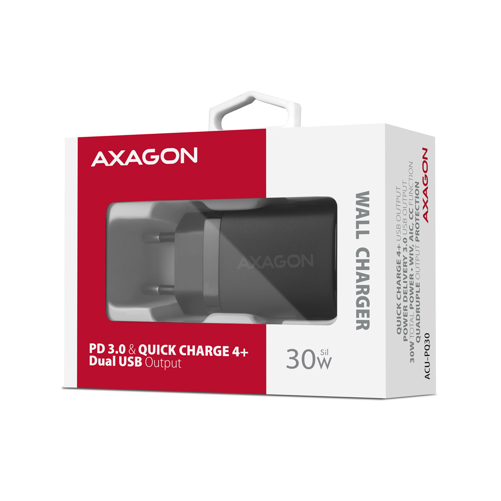 Axagon ACU-PQ30 Ladegerät QC3.0, 4.0/AFC/FCP/PPS/Apple+ PD USB-C, 30W - schwarz - Kompaktes Ladegerät - 1x USB-C und 1x USB-A Mobiltelefon, Smartphone, SmartWatch, Tablet, Universel Sort Vekselstrøm Hurtig opladning Indendørs