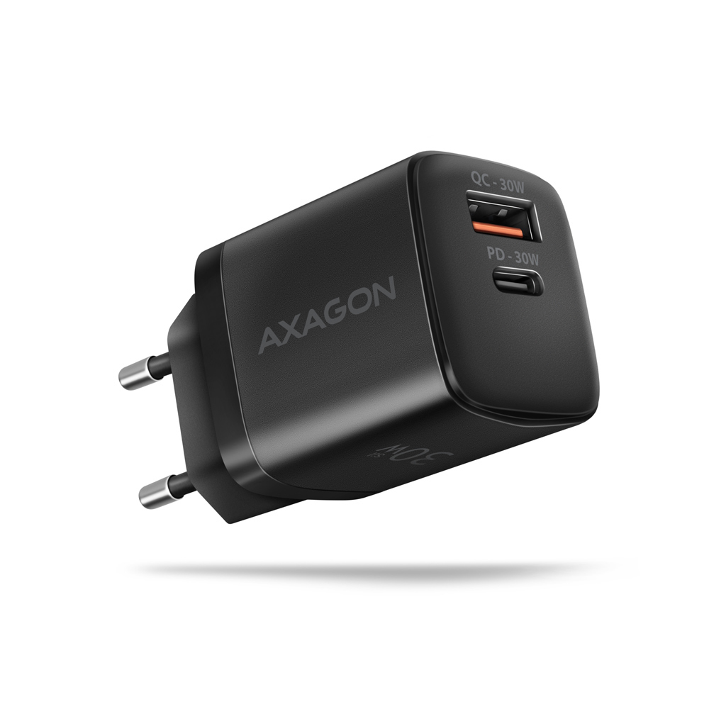 Axagon ACU-PQ30 Ladegerät QC3.0, 4.0/AFC/FCP/PPS/Apple+ PD USB-C, 30W - schwarz - Kompaktes Ladegerät - 1x USB-C und 1x USB-A Mobiltelefon, Smartphone, SmartWatch, Tablet, Universel Sort Vekselstrøm Hurtig opladning Indendørs