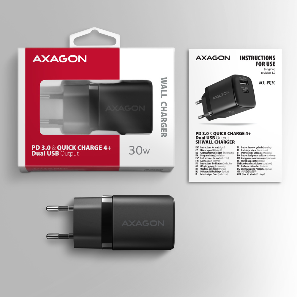 Axagon ACU-PQ30 Ladegerät QC3.0, 4.0/AFC/FCP/PPS/Apple+ PD USB-C, 30W - schwarz - Kompaktes Ladegerät - 1x USB-C und 1x USB-A Mobiltelefon, Smartphone, SmartWatch, Tablet, Universel Sort Vekselstrøm Hurtig opladning Indendørs