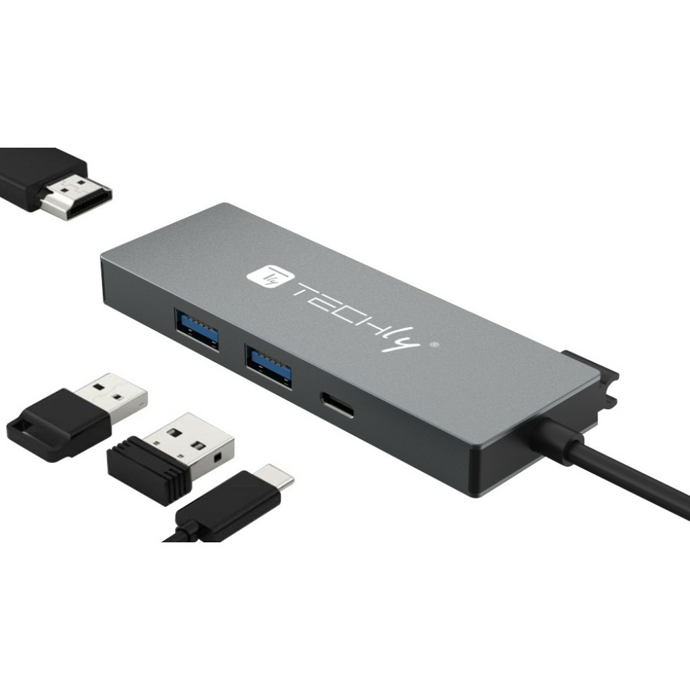 Techly IUSB32C-HUB4HPD dockingstation Ledningsført USB 3.2 Gen 2 (3.1 Gen 2) Type-C Grå