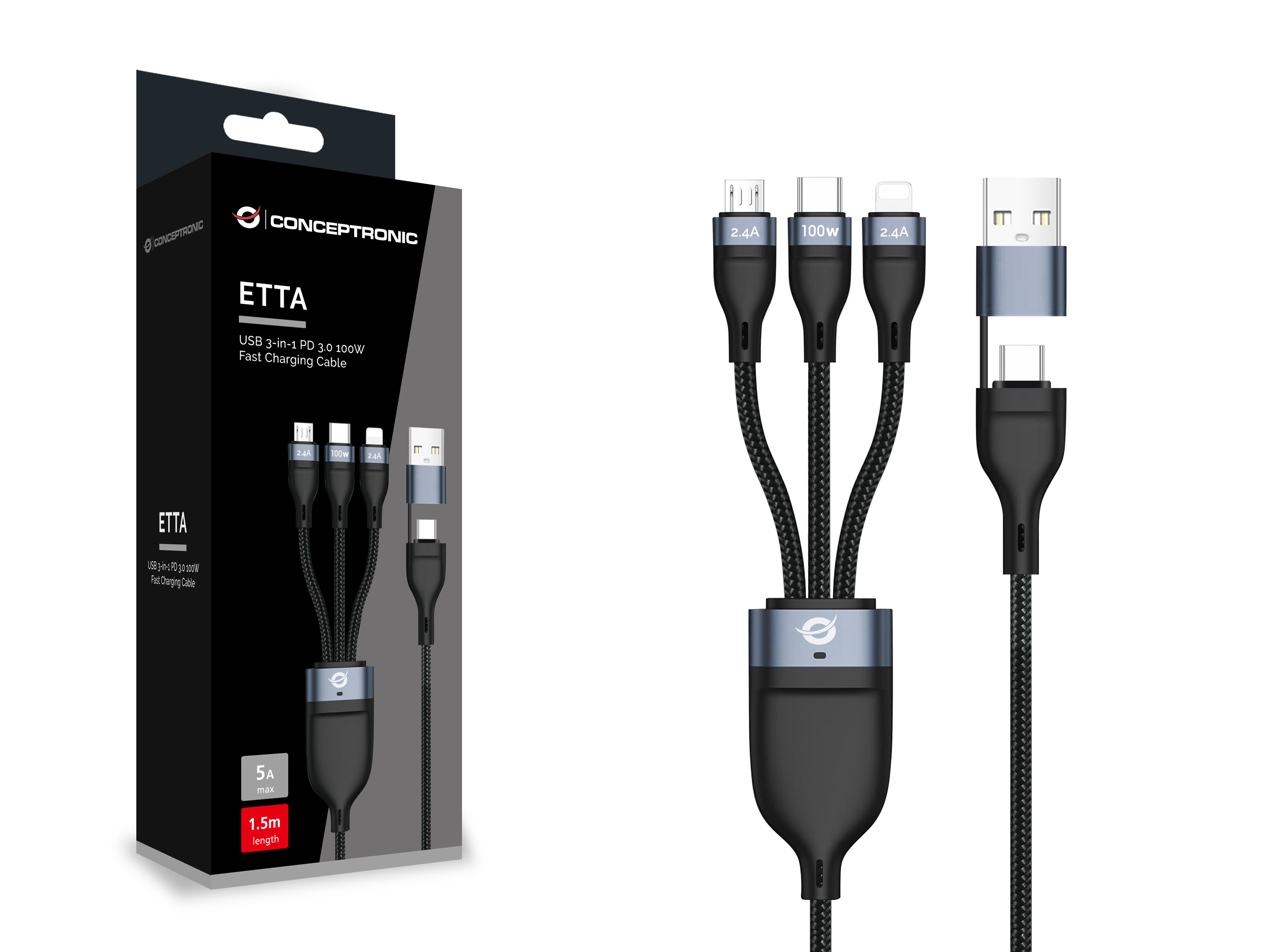 Conceptronic ETTA06B15 USB-kabel USB 2.0 1,5 m USB C USB C/Micro-USB B/Lightning Sort