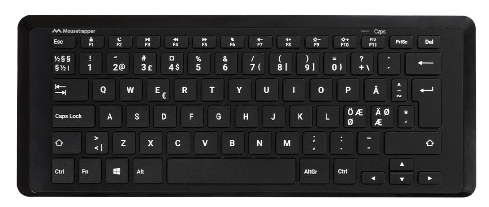 Mousetrapper Type Mini Wireless tastatur Universel USB + RF Wireless + Bluetooth QWERTY Nordisk Sort