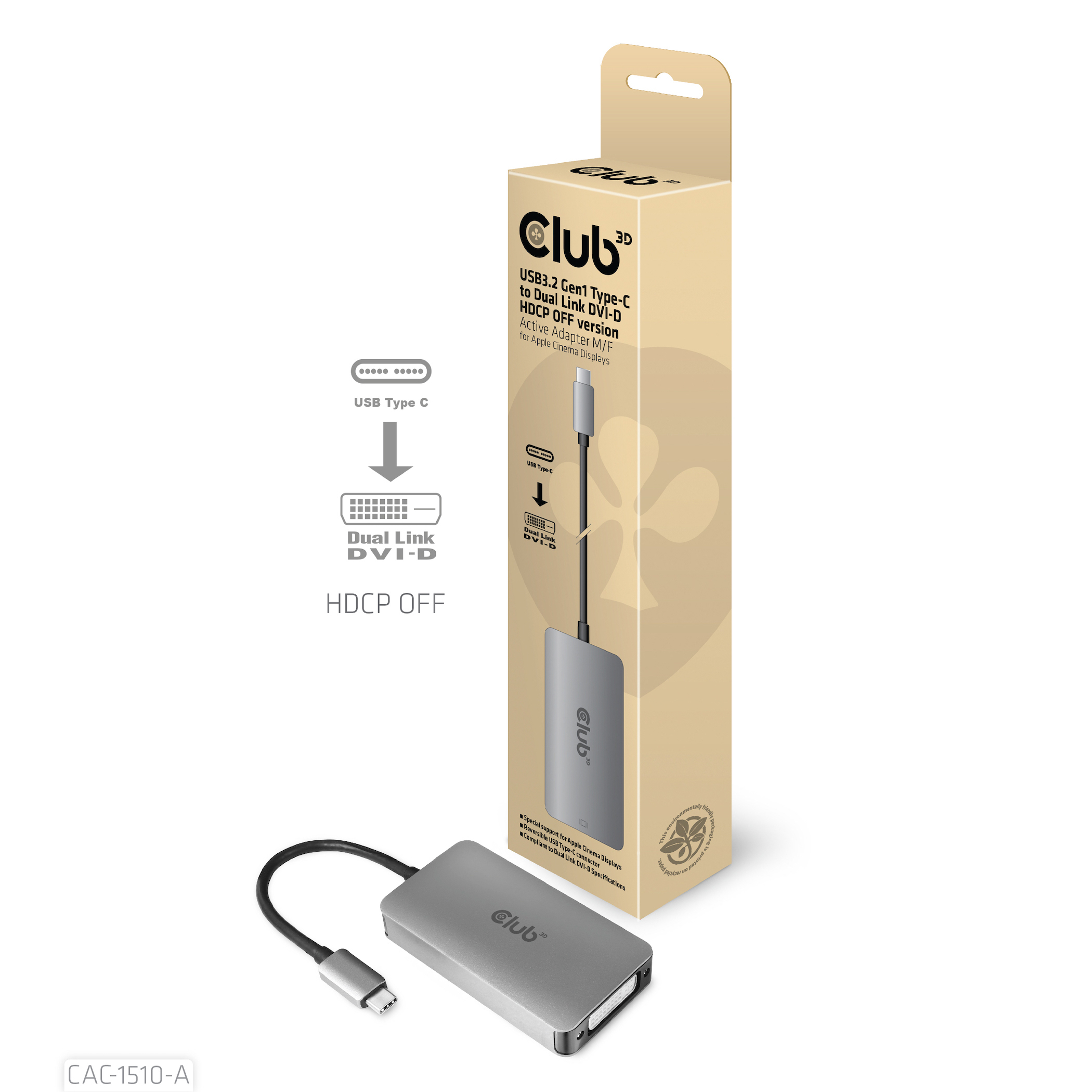 CLUB3D CAC-1510-A videokabel adapter 0,25 m USB Type-C DVI Grå