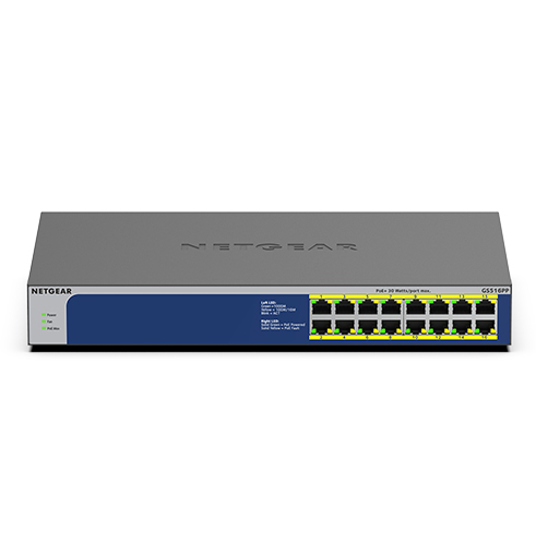 NETGEAR GS516PP Ikke administreret Gigabit Ethernet (10/100/1000) Strøm over Ethernet (PoE) Blå, Grå