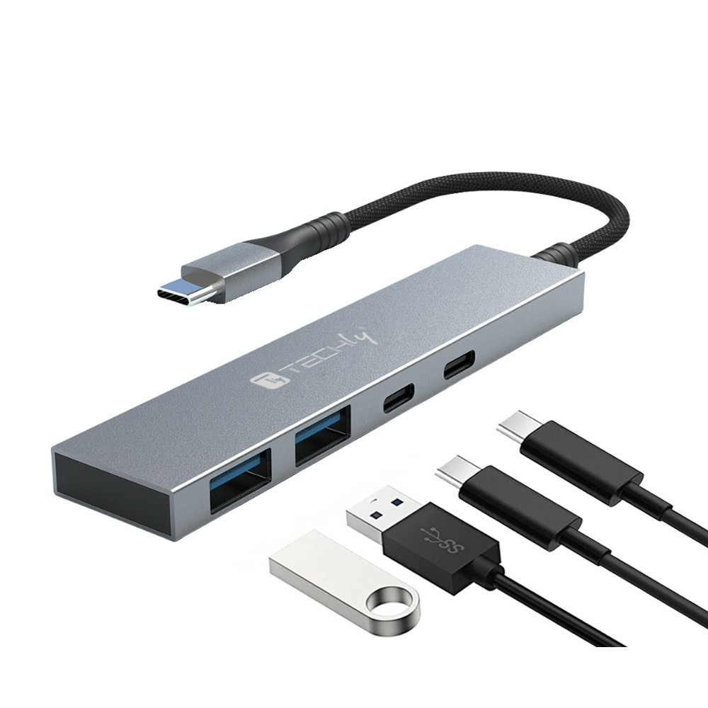Techly IUSB32C-HUB4AC interface hub USB 3.2 Gen 1 (3.1 Gen 1) Type-C 5000 Mbit/s Sølv