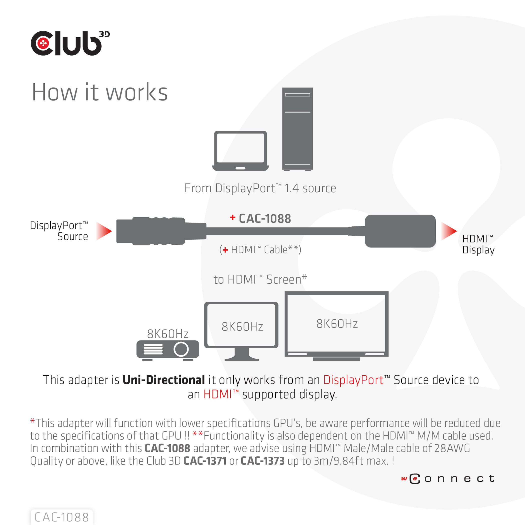 CLUB3D CAC-1088 videokabel adapter 0,21 m DisplayPort HDMI Sort
