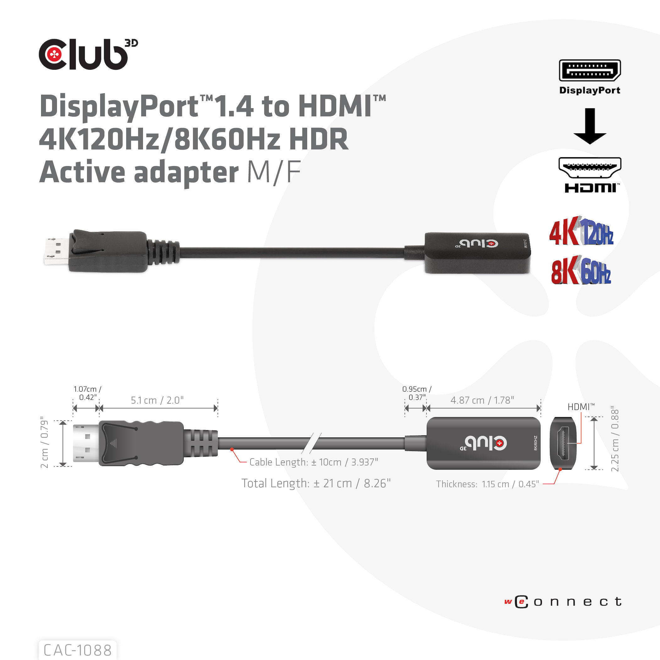 CLUB3D CAC-1088 videokabel adapter 0,21 m DisplayPort HDMI Sort