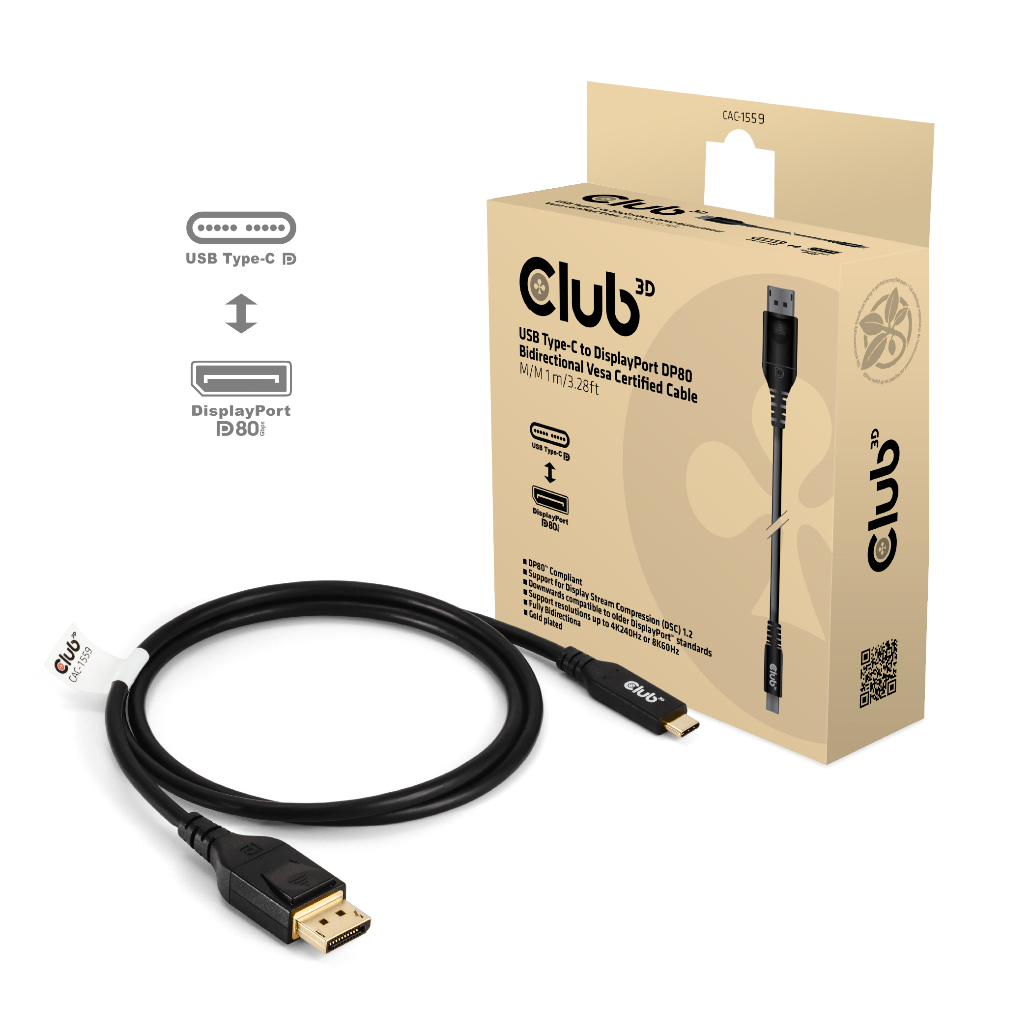 CLUB3D USB TYPE-C TO DISPLAYPORT DP80 BIDIRECTIONAL VESA CERTIFIED CABLE 1M/3.28 FT - Kabel - Digital/Daten USB-kabel