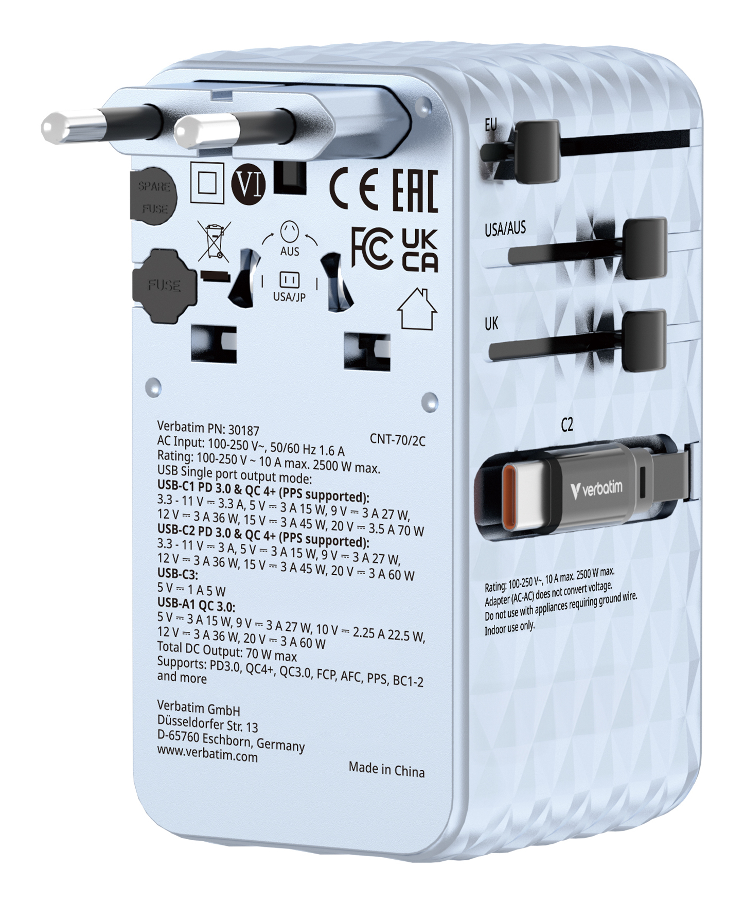 Verbatim Charge 'n' Travel 70W Universel Blå Vekselstrøm Hurtig opladning Indendørs
