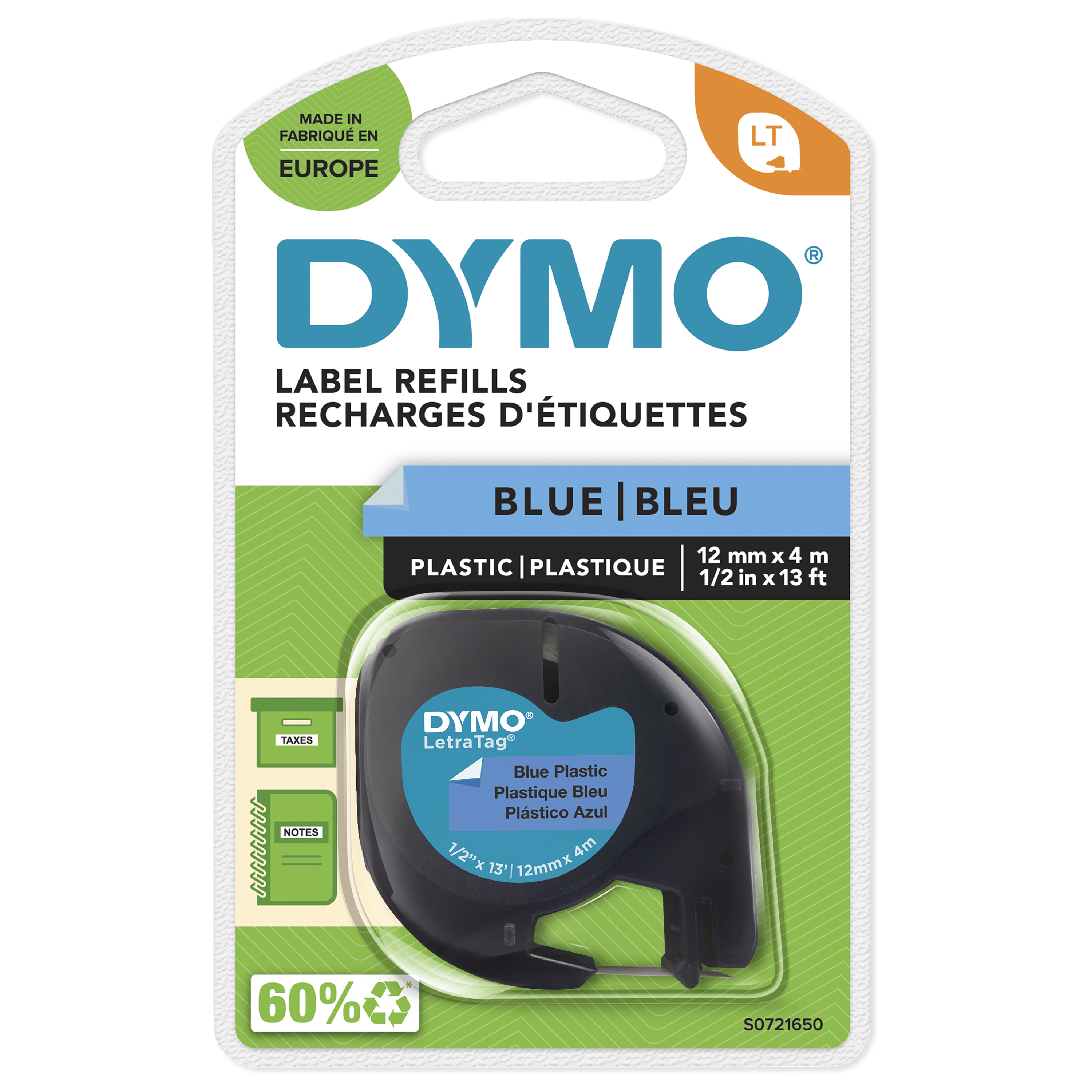 DYMO LetraTag plastetiketter | Originale | 12 mm x 4 m rulle | Sort tekst på blå etiketter | Selvklæbende multifunktionelle etiketter til LetraTag labelmaskiner