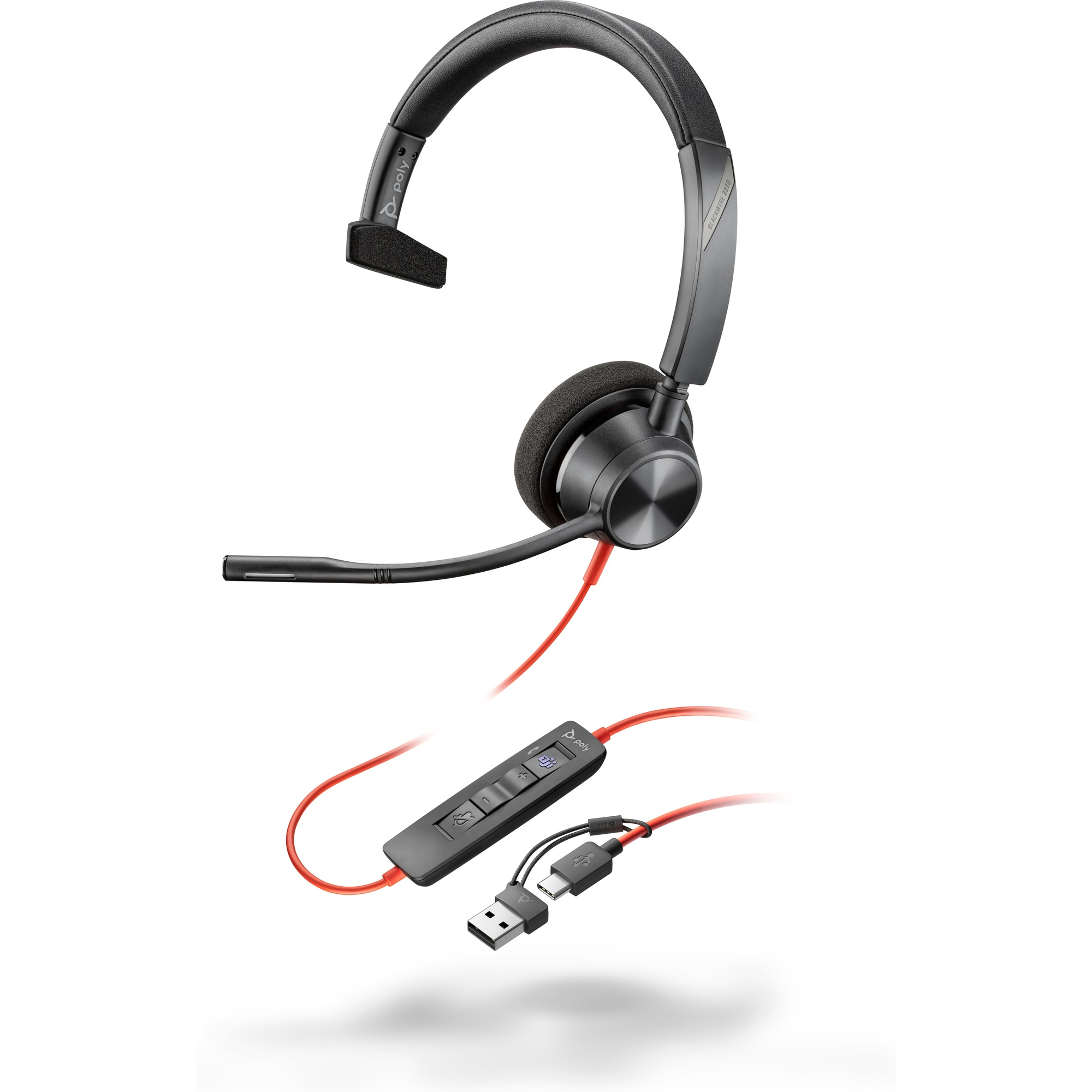 Poly Blackwire 3310 Monaural Microsoft Teams Certified USB-C Headset +USB-C/A Adapter