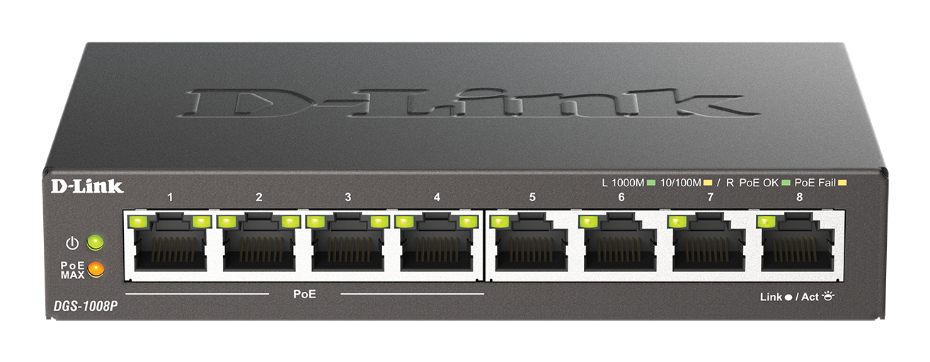 D-Link DGS-1008P/E netværksswitch Ikke administreret L2 Gigabit Ethernet (10/100/1000) Strøm over Ethernet (PoE) Desktop Sort