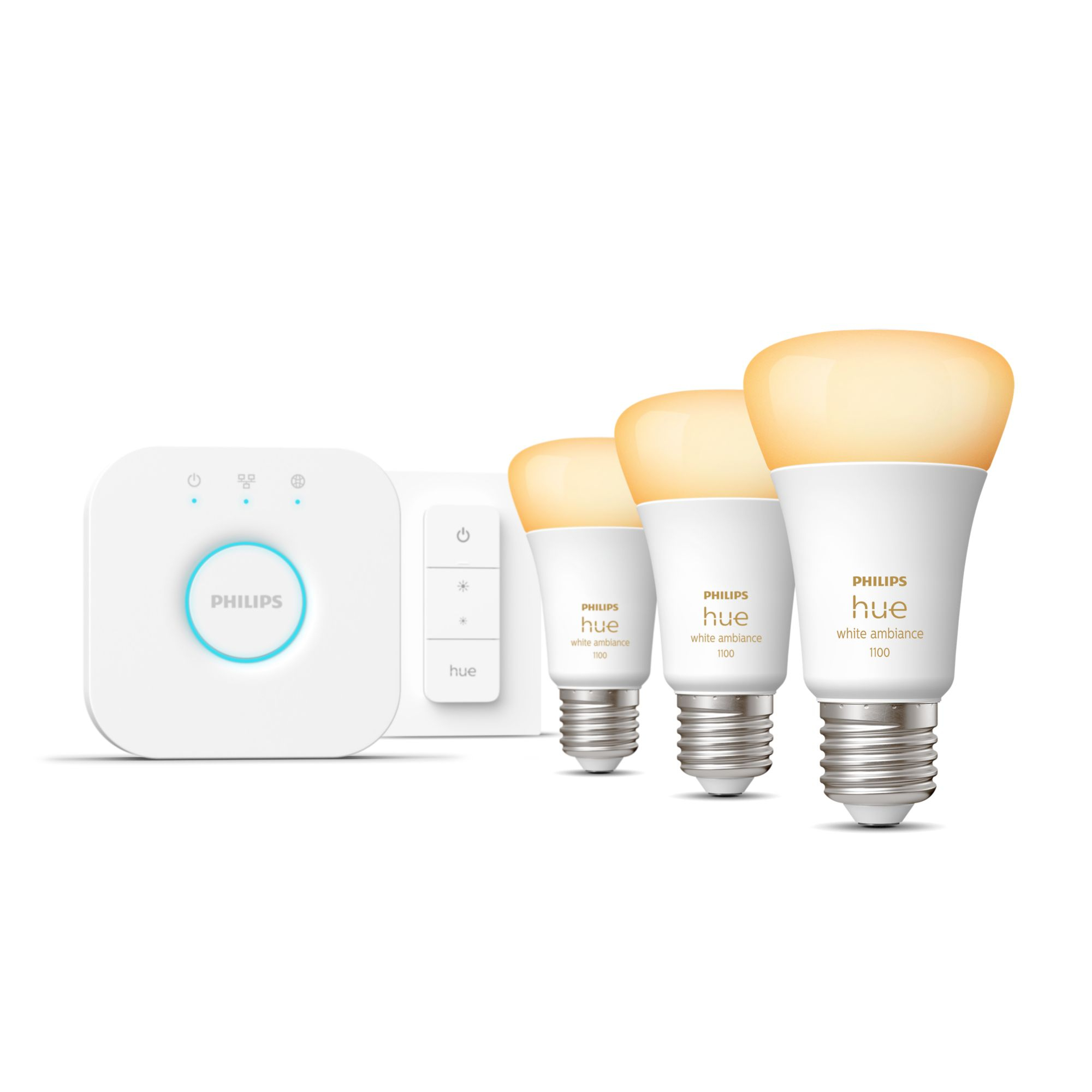 Philips Hue White ambiance Startsæt: 3 x E27 pærer (1100) + Dimmer switch