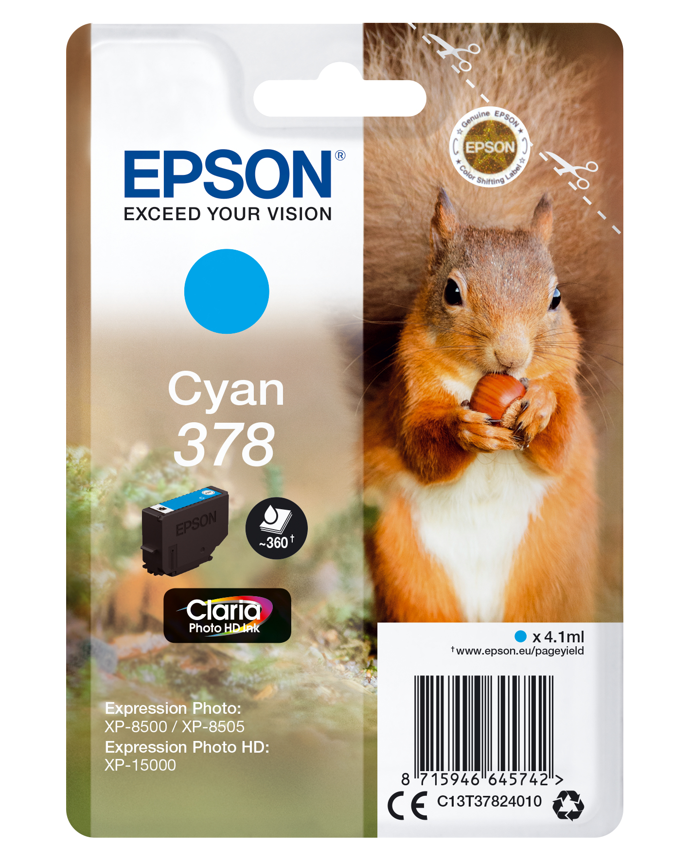 Epson Squirrel C13T37824010 blækpatron 1 stk Original Standard udbytte Blå