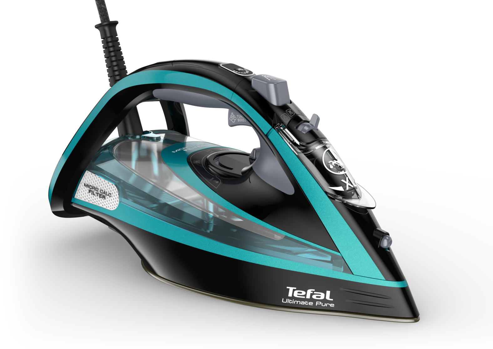 Tefal Ultimate Pure FV9844 Tør & dampstrygejern Durilium autoclean strygesål 3200 W Sort, Blå