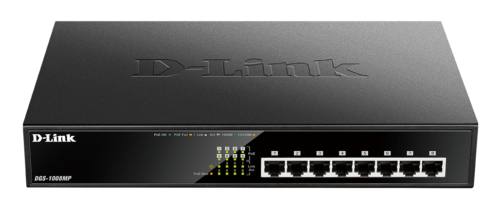 D-Link DGS-1008MP netværksswitch Ikke administreret Gigabit Ethernet (10/100/1000) Strøm over Ethernet (PoE) 1U Sort
