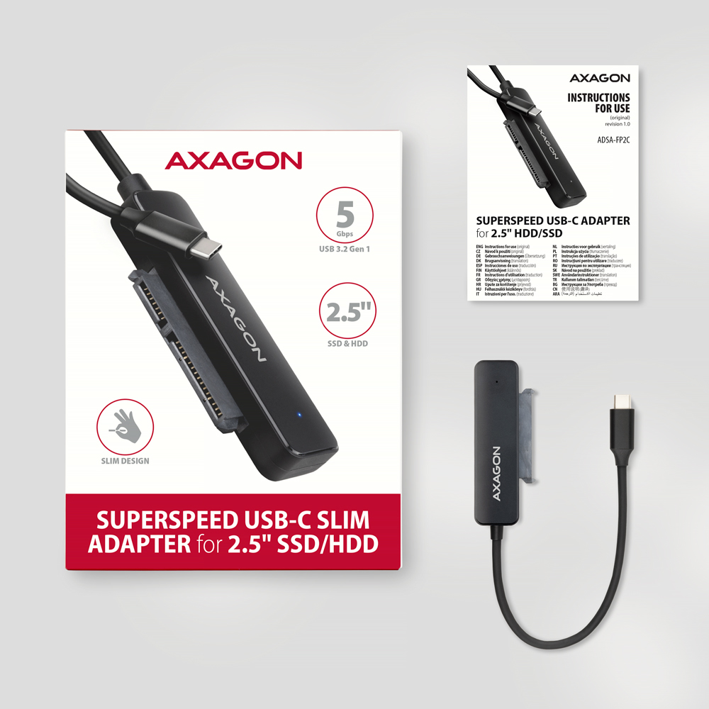 Axagon ADSA-FP2C USB-C 5Gbps - SATA 6G, 2.5 SSD/HDD SLIM adapter - Adapter - Digital/Daten interface-kort/adapter
