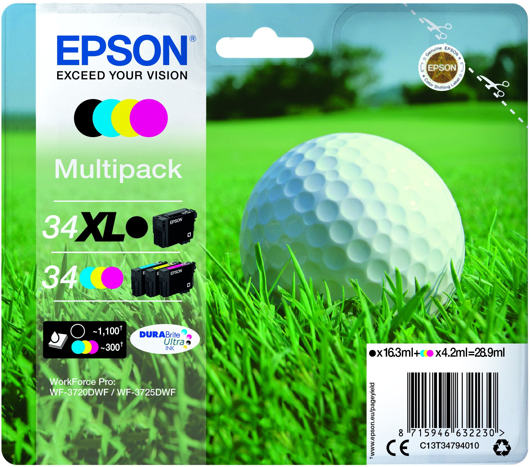 Epson Golf ball Multipack 4-colours 34 XL Black/Std. CMY DURABrite Ultra Ink