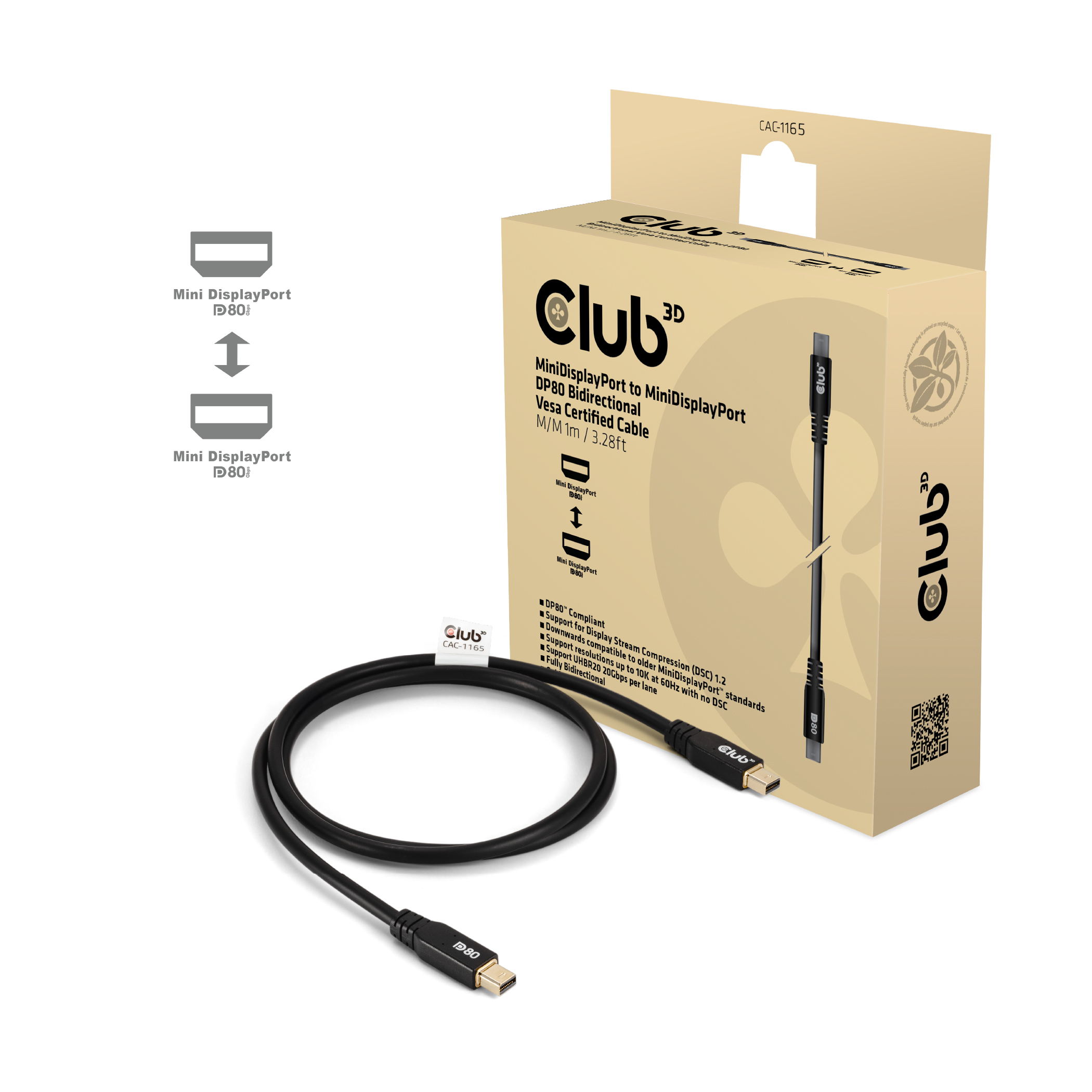CLUB3D MINIDISPLAYPORT TO MINIDISPLAYPORT DP80BIDIRECTIONAL VESA CERTIFIED CABLE 1M/3.28 FT - Kabel