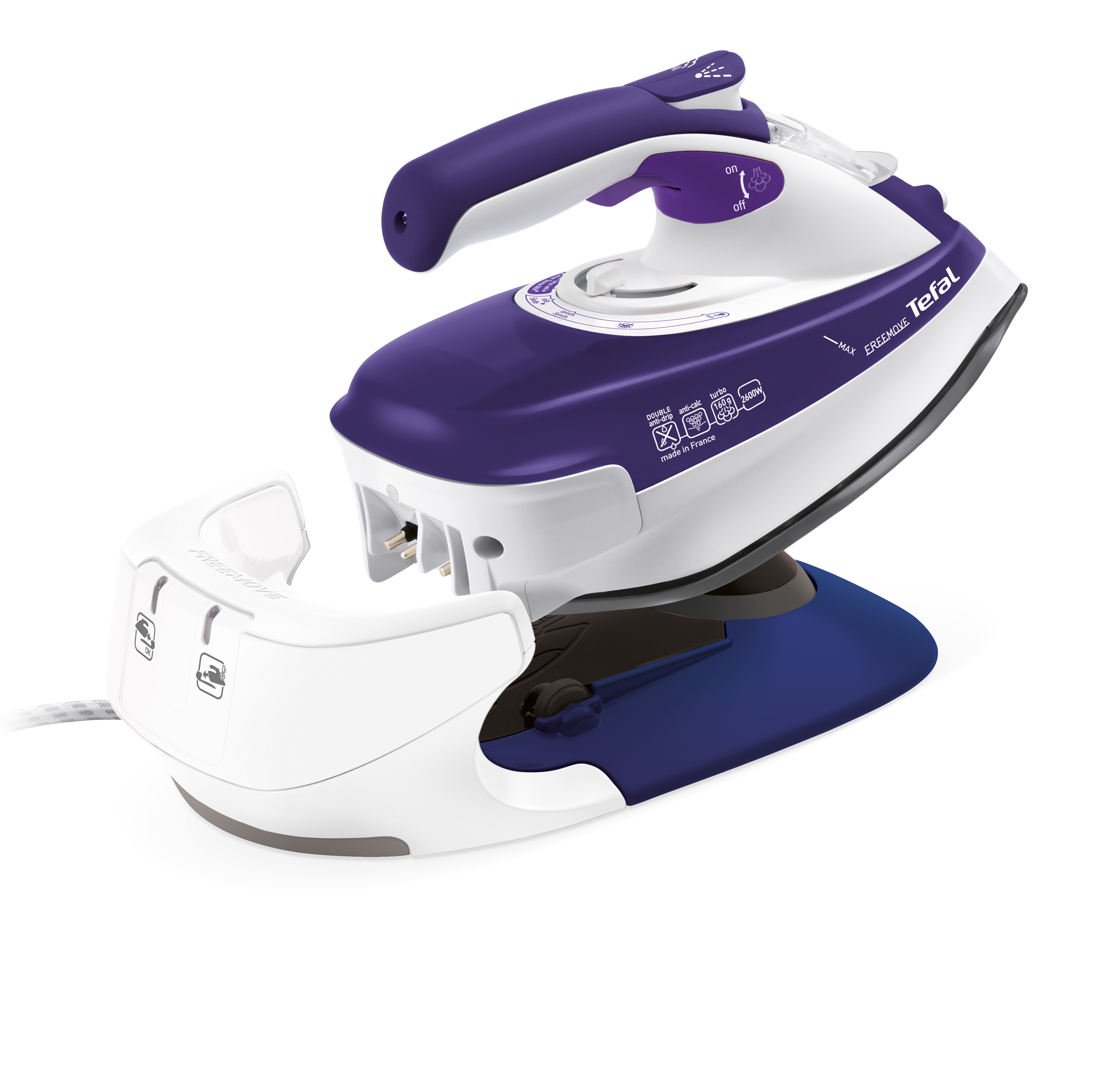 Tefal Freemove FV9962 strygejern Dampstrygejern Ultragliss strygesål 2600 W Lilla, Hvid