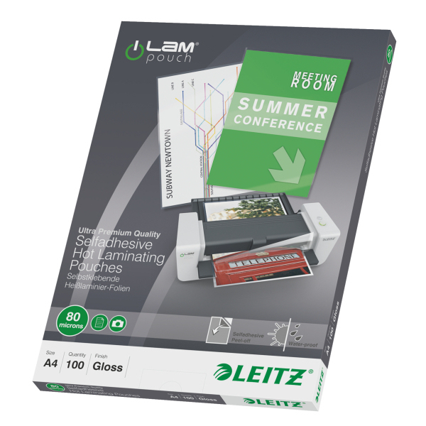 Leitz iLAM selvklæbende A4-lamineringslommer, 80 my, pakke med 100 stk.