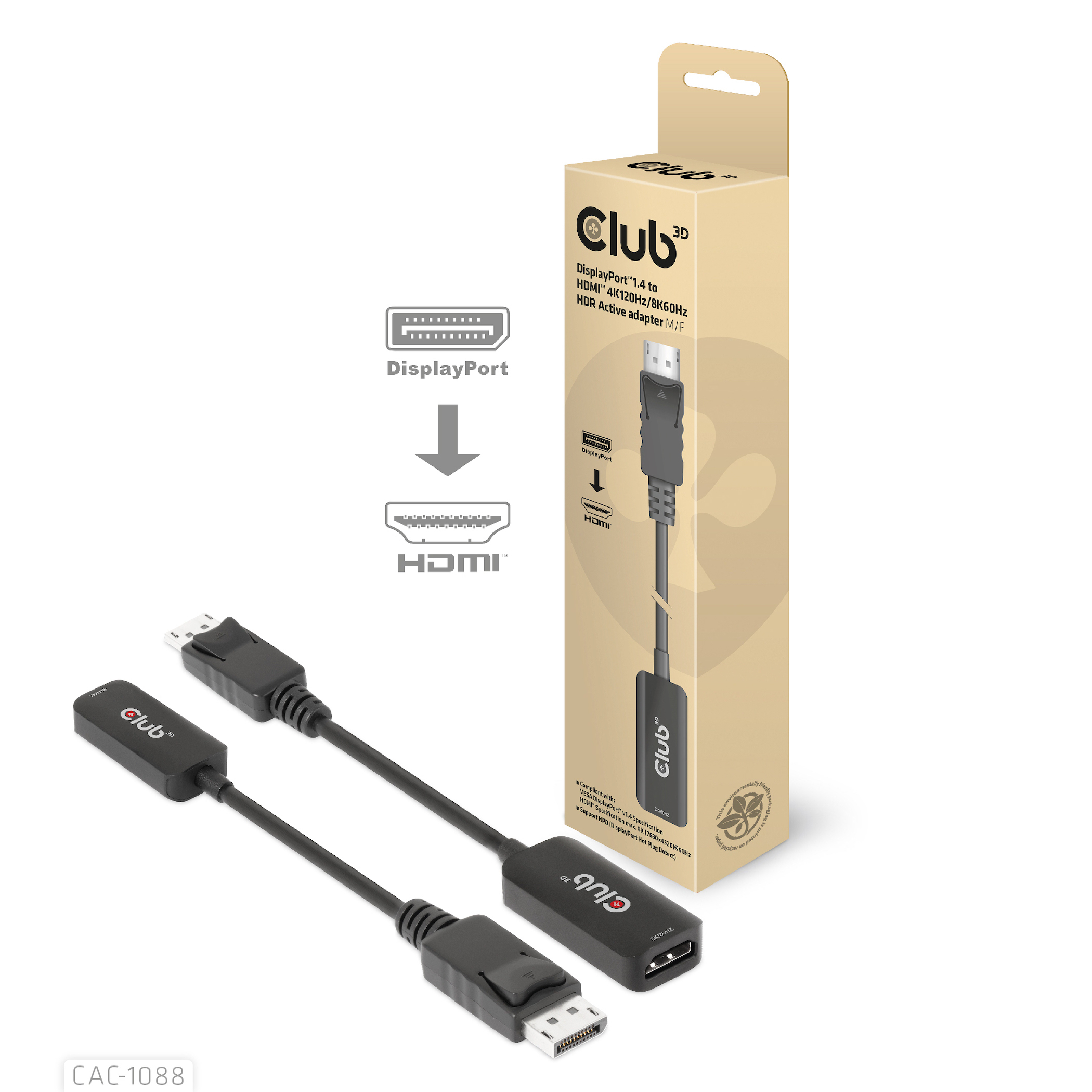 CLUB3D CAC-1088 videokabel adapter 0,21 m DisplayPort HDMI Sort