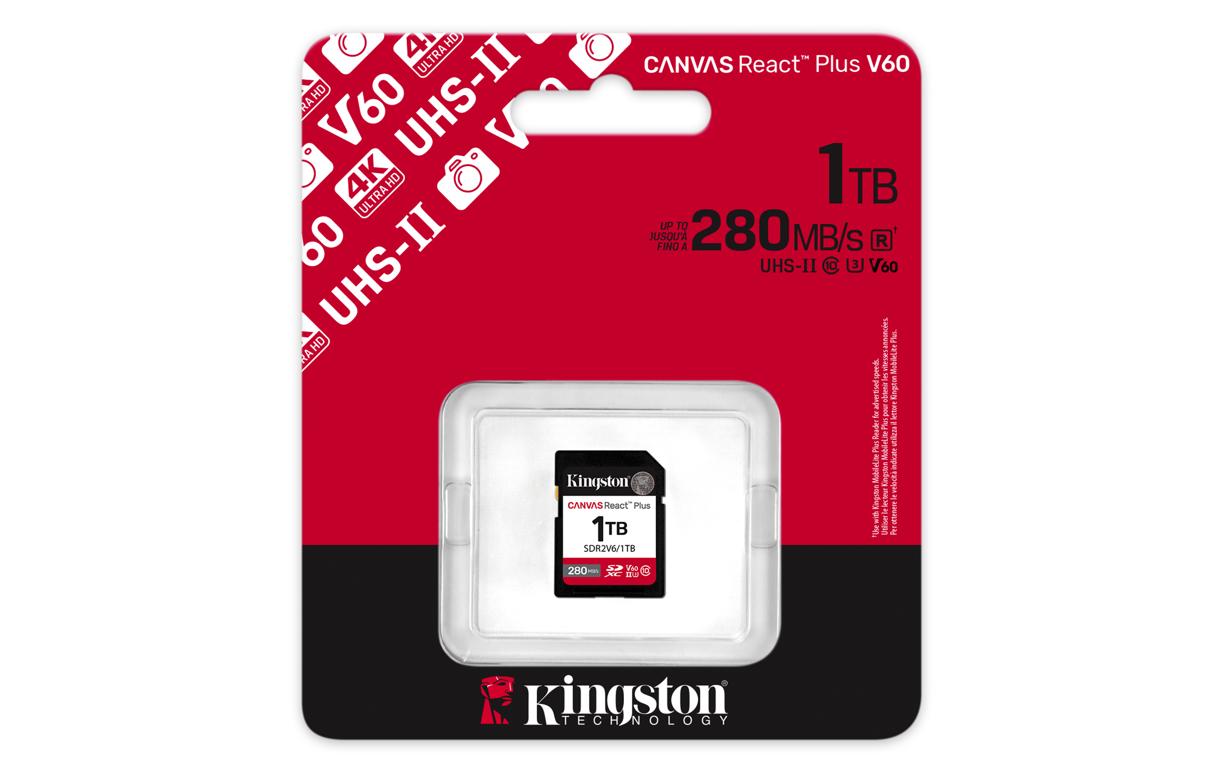 Kingston Technology 1 TB Canvas React Plus SDXC UHS-II 280R/150W U3 V60 til fuld HD/4K