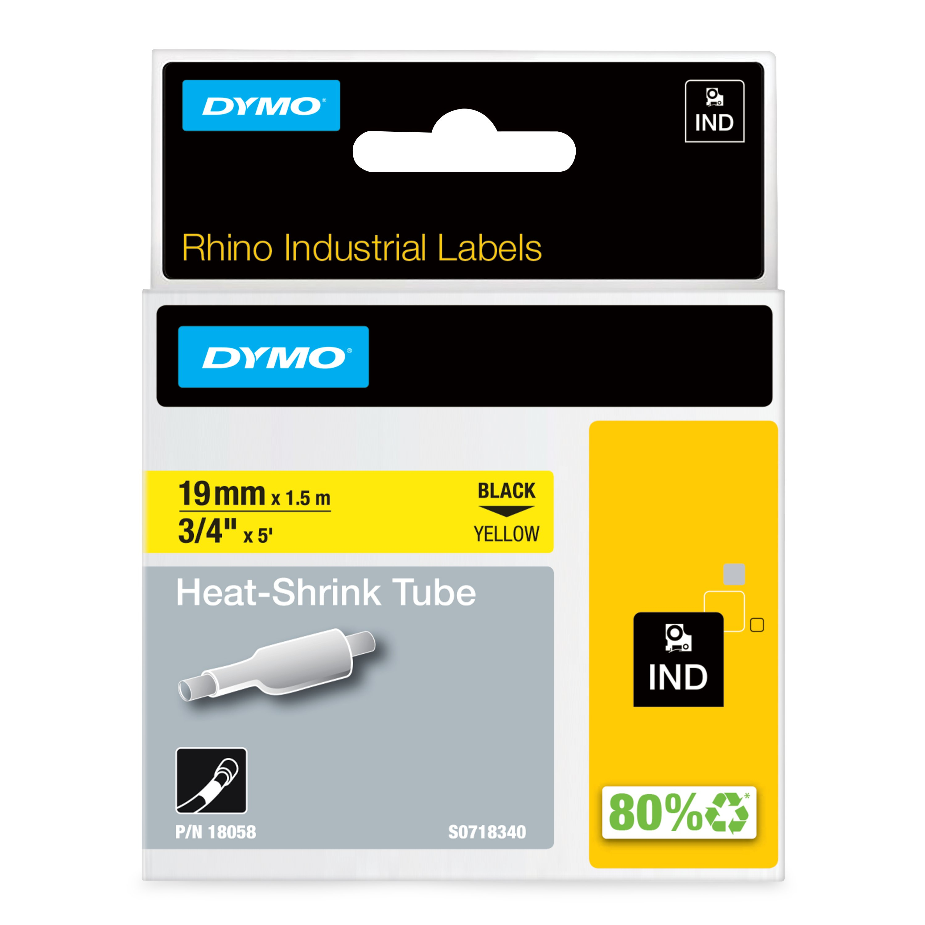 DYMO Rhino industrielle varmekrympbare kabelmærkningsrør | 19 mm x 1,5 m | Sort tekst på gul | til Rhino-mærkningsmaskiner