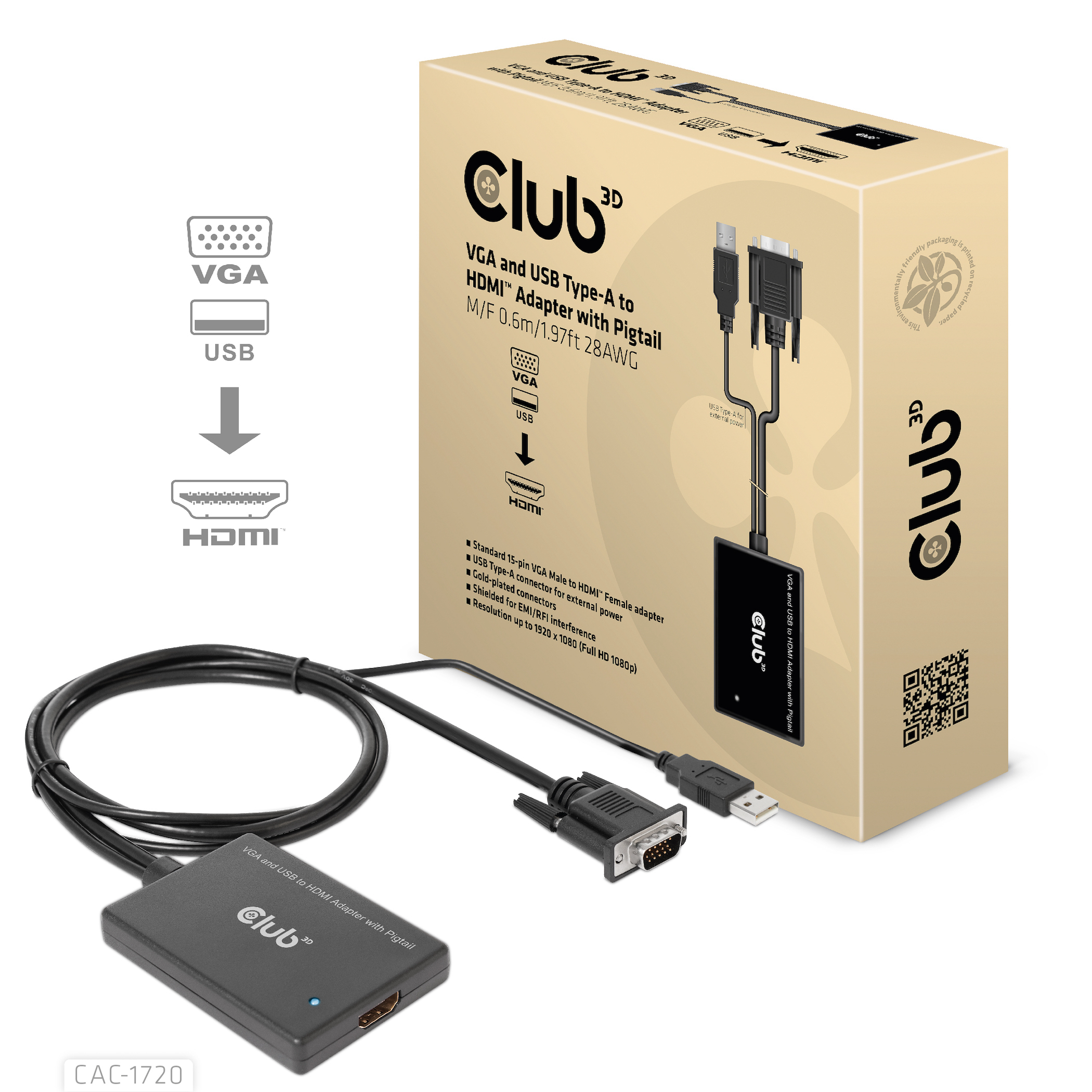 CLUB3D CAC-1720 videokabel adapter 0,6 m HDMI Type A (Standard) VGA (D-Sub) + USB Sort