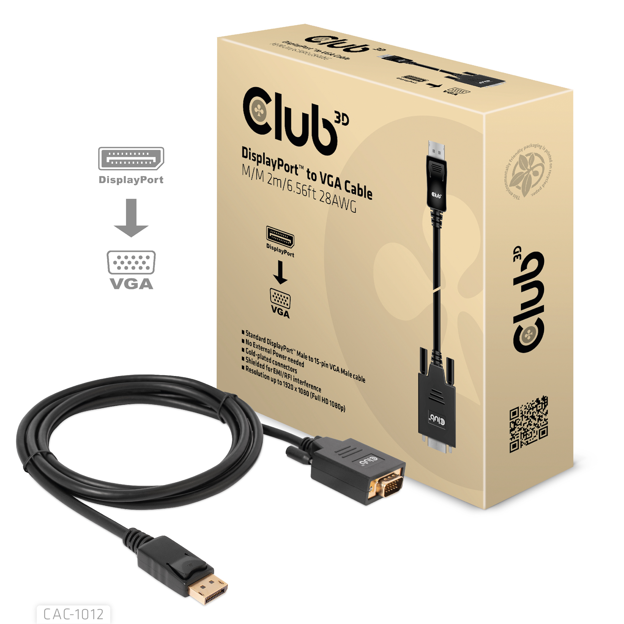 CLUB3D CAC-1012 videokabel adapter 2 m DisplayPort VGA (D-Sub) Sort