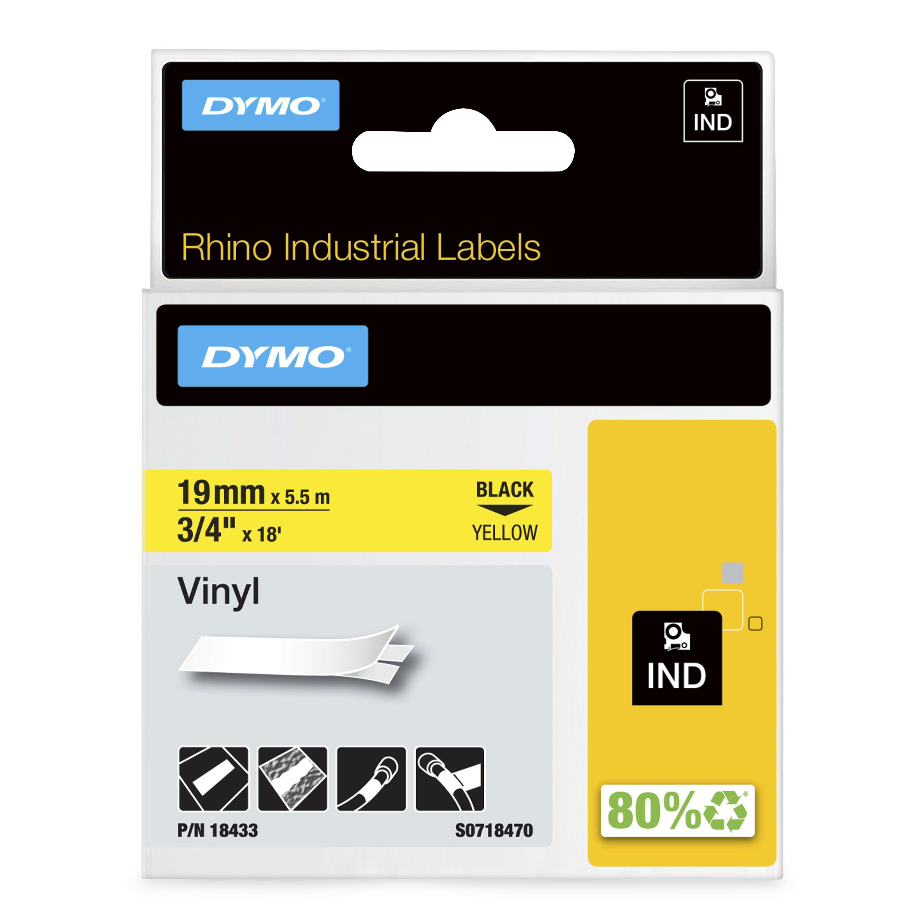 DYMO Rhino industrielle vinylmærkater | 19 mm x 5,5 m | Sort tekst på gul | Selvklæbende | til Rhino & LabelManager mærkemaskiner