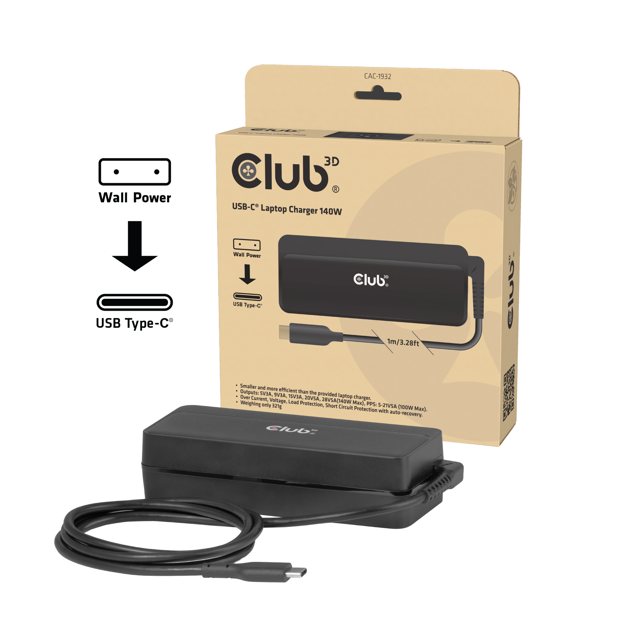 CLUB3D CAC-1932 oplader til mobil enhed Universel Sort Vekselstrøm Hurtig opladning