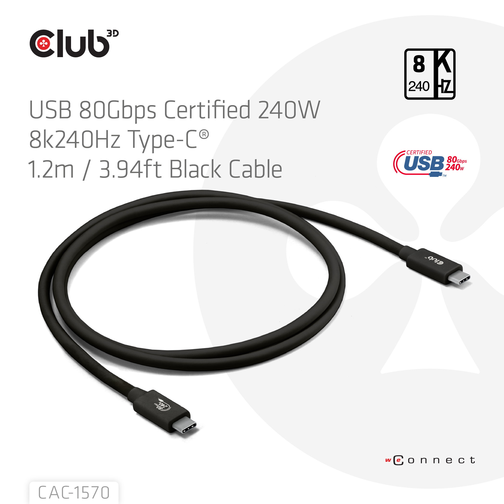 CLUB3D Kabel USB C zertifi. PD240W/4K540Hz/80Gbps 1.2m St/St retail - Kabel - Digital/Daten USB-kabel