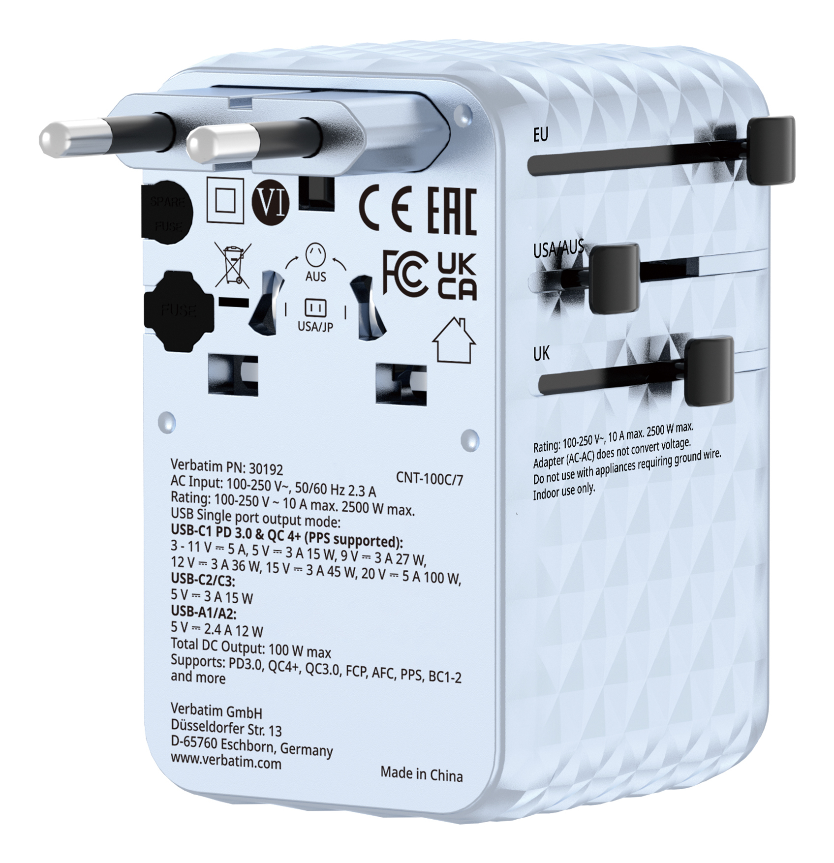 Verbatim 30192 oplader til mobil enhed Universel Blå Vekselstrøm Hurtig opladning Indendørs