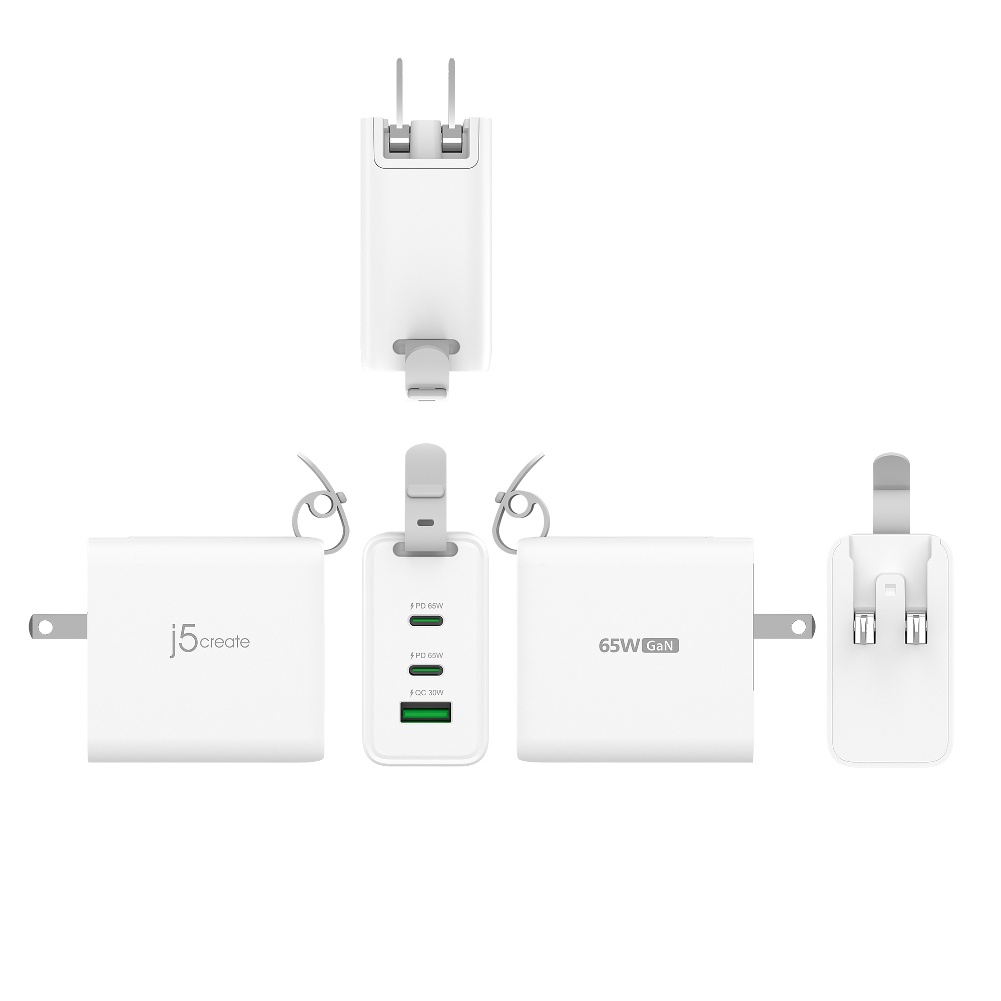 j5create 65W GaN USB-C 3-ports rejseoplader med udskiftelige strømstik (vekselstrøm/AC) og USB-C-kabel