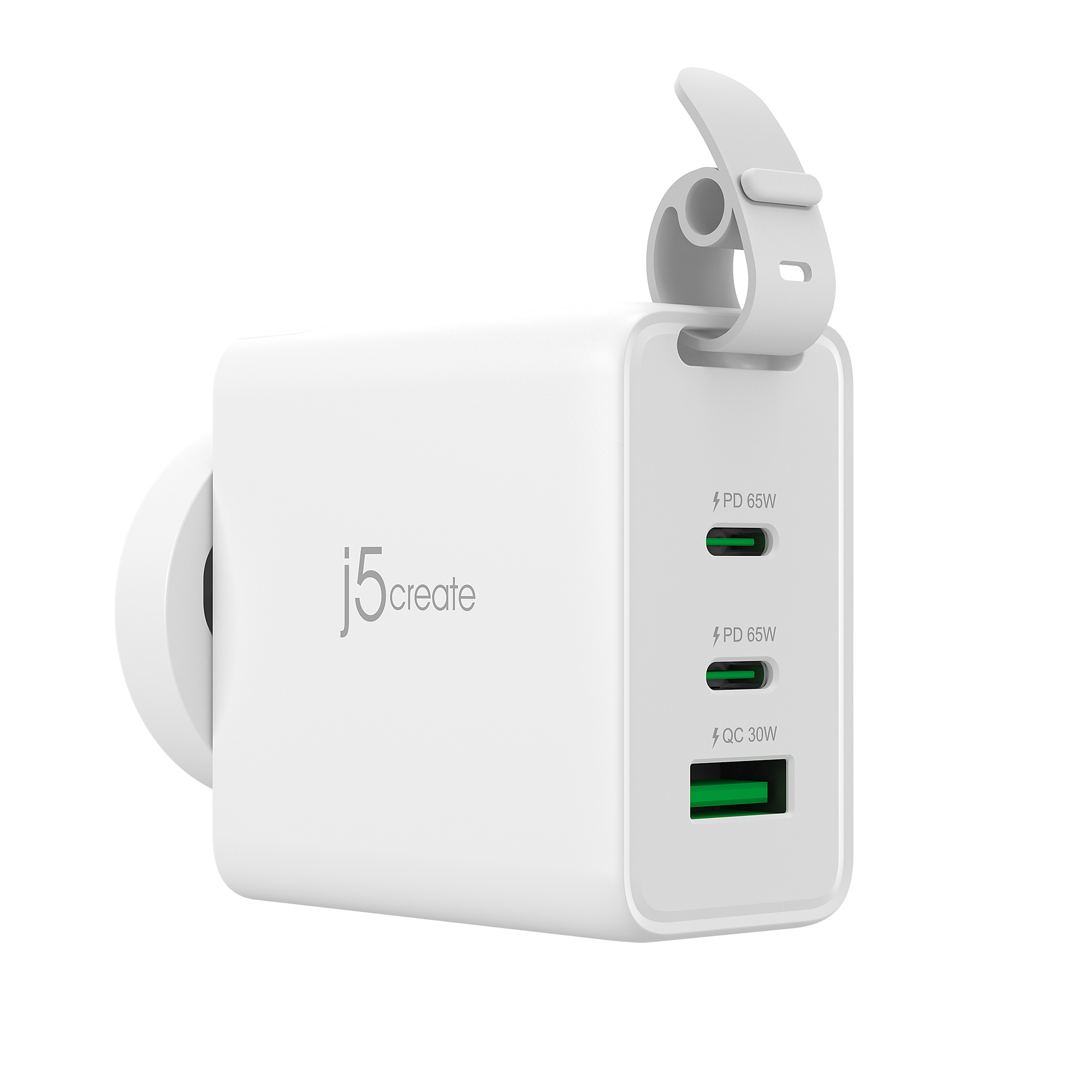 j5create 65W GaN USB-C 3-ports rejseoplader med udskiftelige strømstik (vekselstrøm/AC) og USB-C-kabel