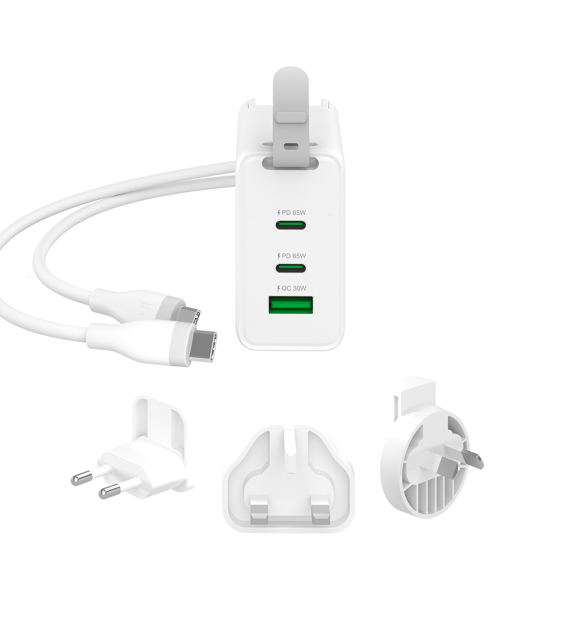 j5create 65W GaN USB-C 3-ports rejseoplader med udskiftelige strømstik (vekselstrøm/AC) og USB-C-kabel