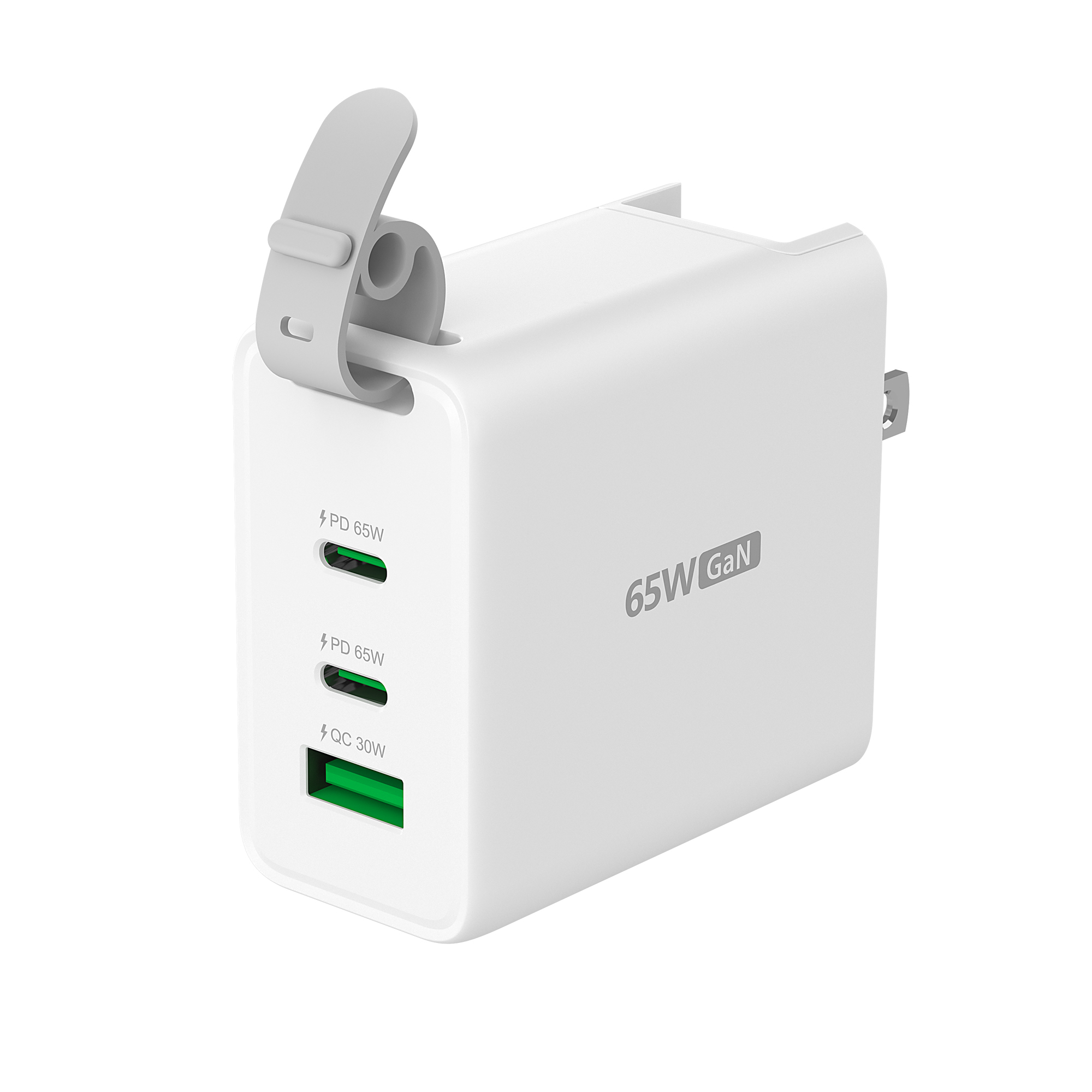 j5create 65W GaN USB-C 3-ports rejseoplader med udskiftelige strømstik (vekselstrøm/AC) og USB-C-kabel