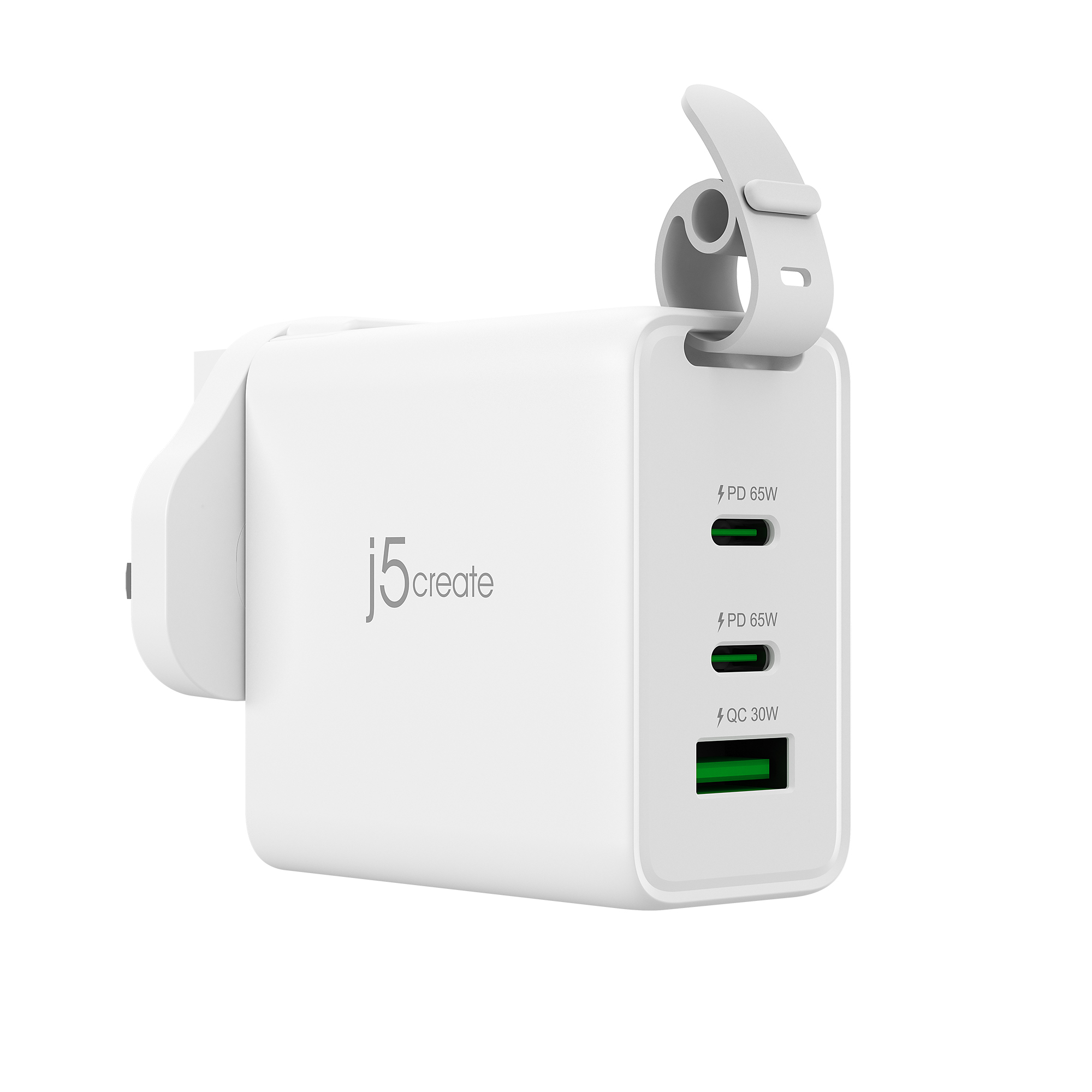 j5create 65W GaN USB-C 3-ports rejseoplader med udskiftelige strømstik (vekselstrøm/AC) og USB-C-kabel