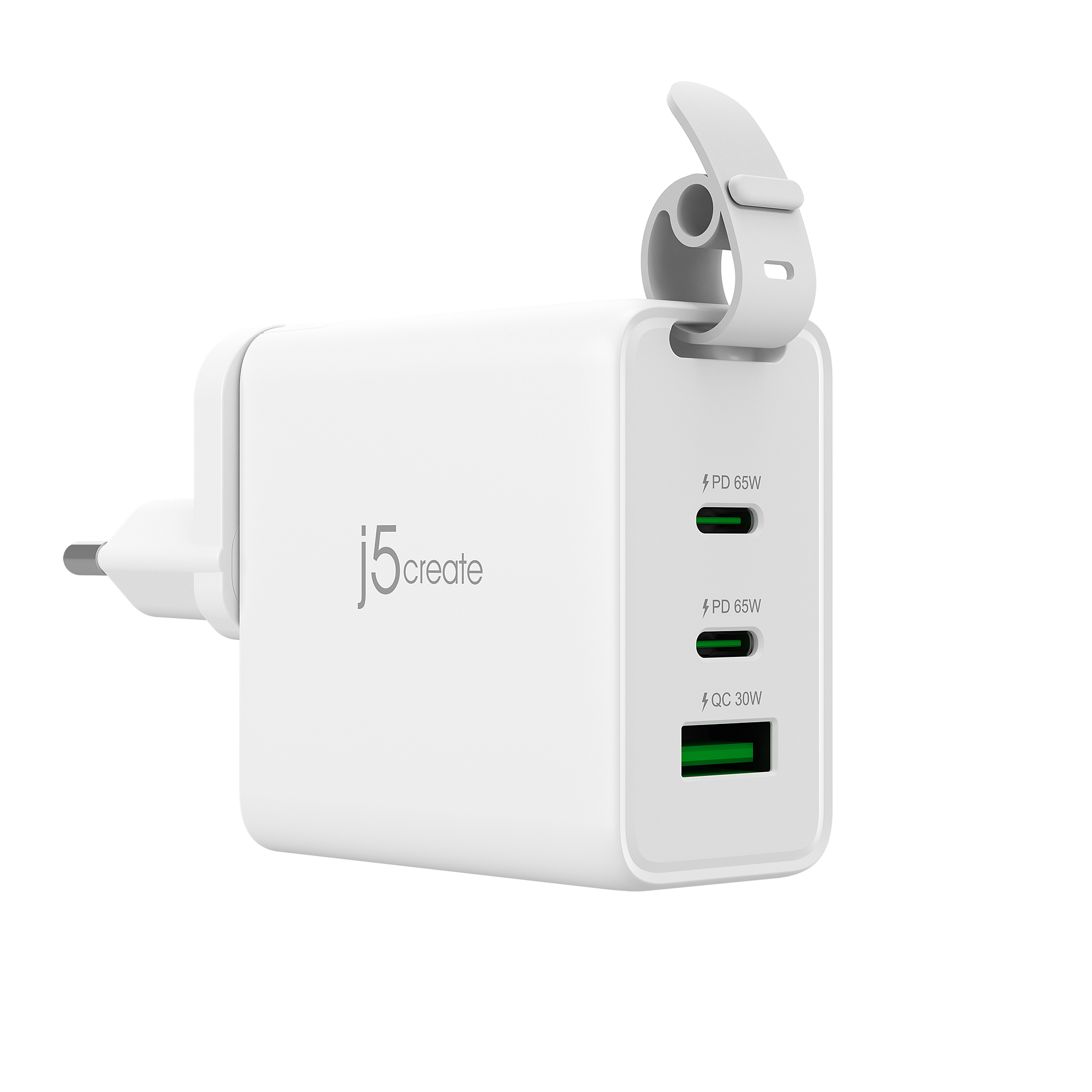 j5create 65W GaN USB-C 3-ports rejseoplader med udskiftelige strømstik (vekselstrøm/AC) og USB-C-kabel