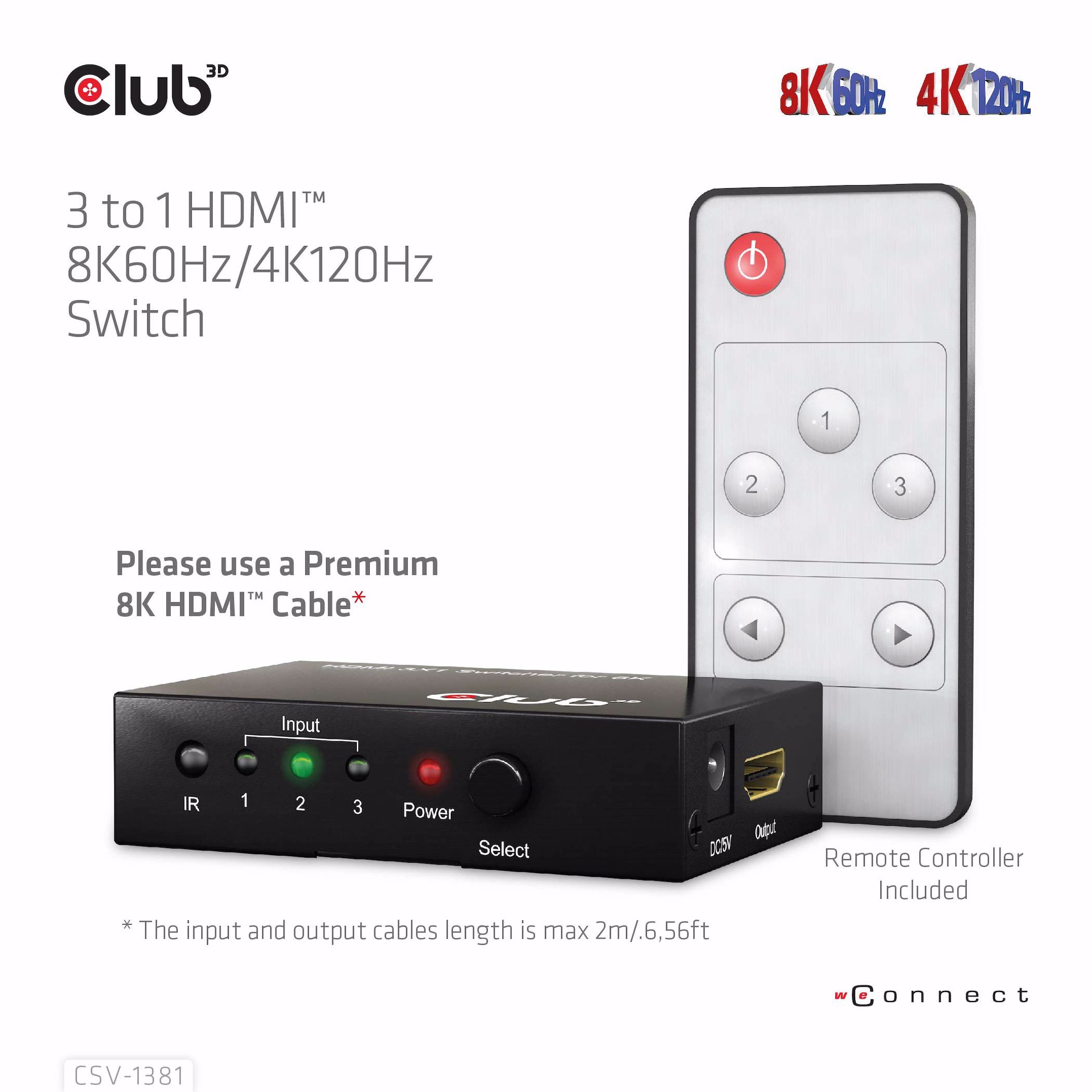 CLUB3D 3 to 1 HDMI™ 8K60Hz/4K120Hz Switch