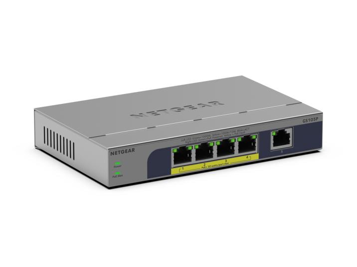 NETGEAR GS105P Ikke administreret Gigabit Ethernet (10/100/1000) Strøm over Ethernet (PoE) Bord-/vægmontering Grå