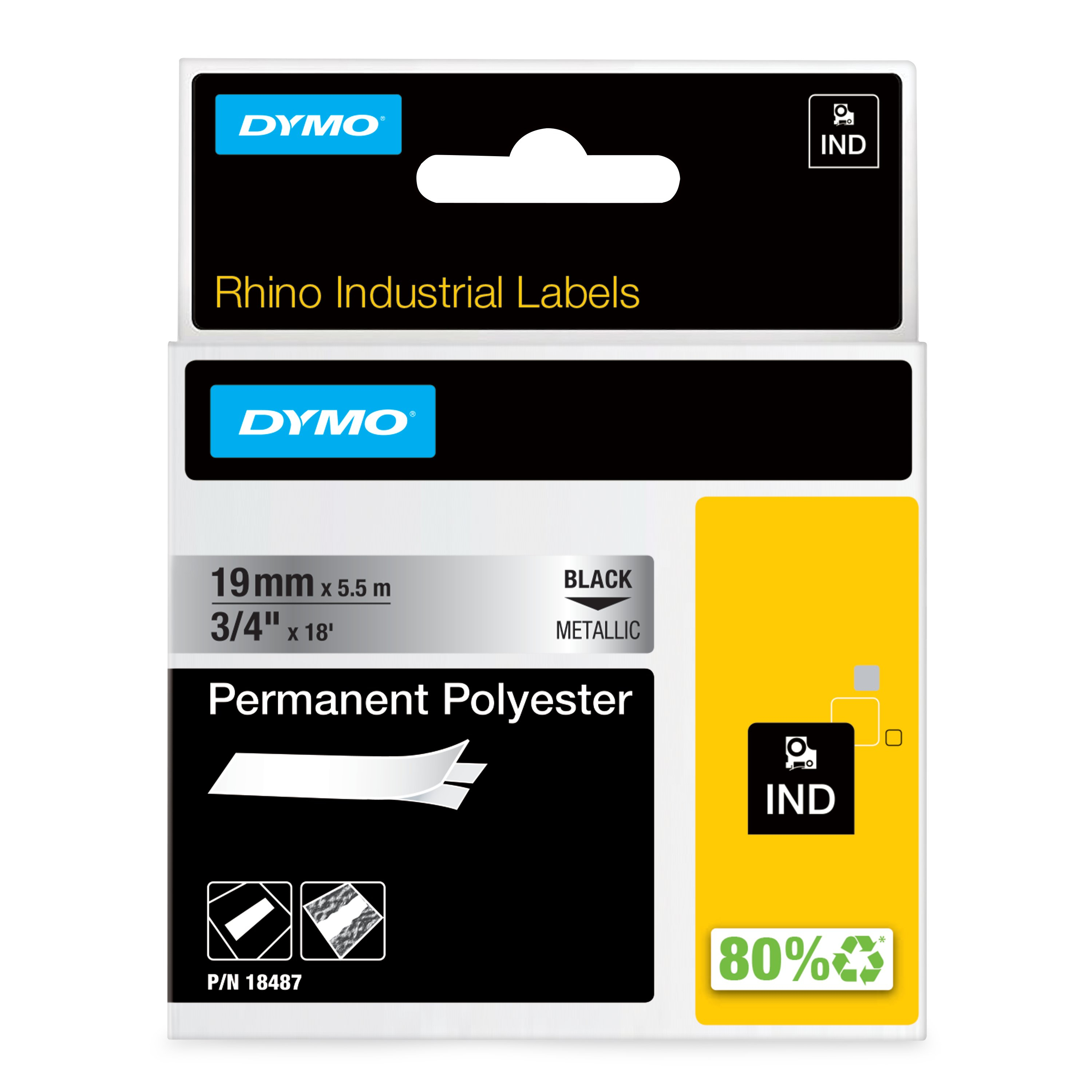 DYMO Rhino industrielle permanente polyesteretiketter | 19 mm x 5,5 m | Sort tryk på metallisk | Selvklæbende | til Rhino & LabelManager etiketmaskiner