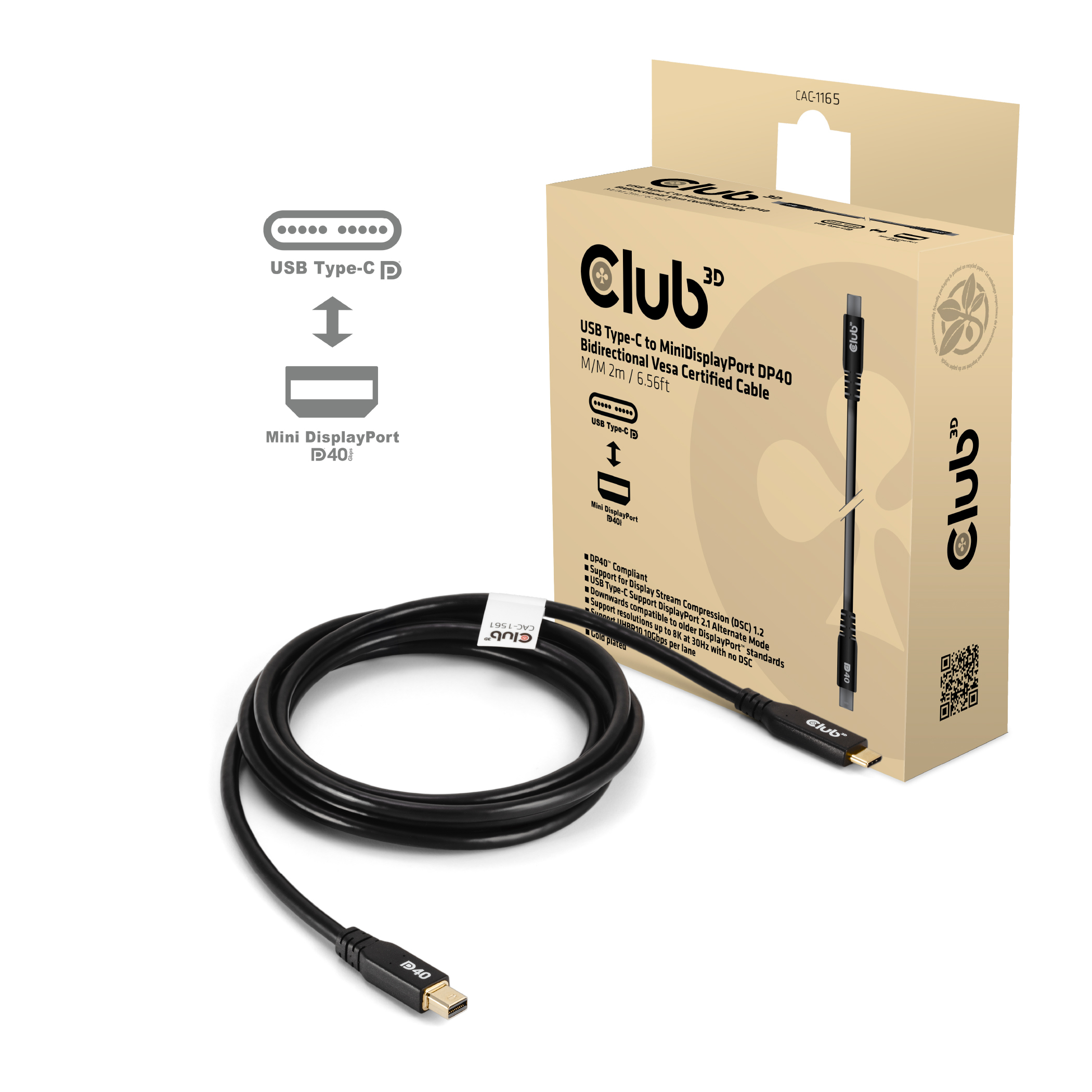 CLUB3D CAC-1561 DisplayPort kabel 2 m Mini DisplayPort USB Type-C Sort
