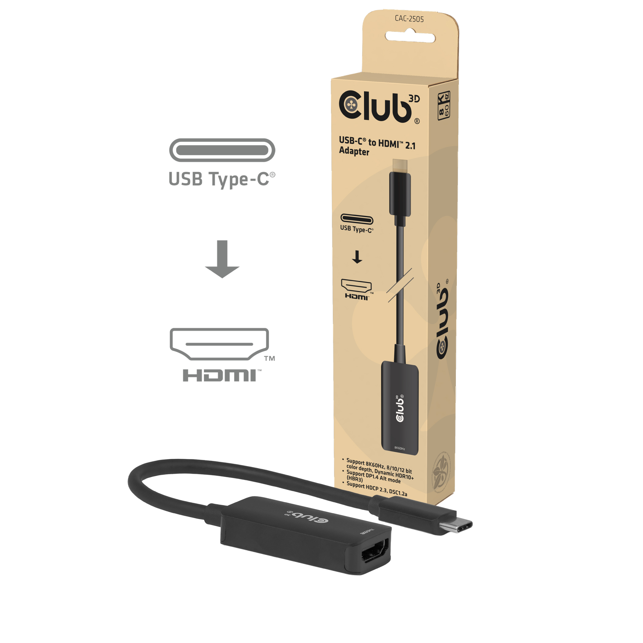 CLUB3D CAC-2505 videokabel adapter 0,12 m USB Type-C HDMI + USB Sort
