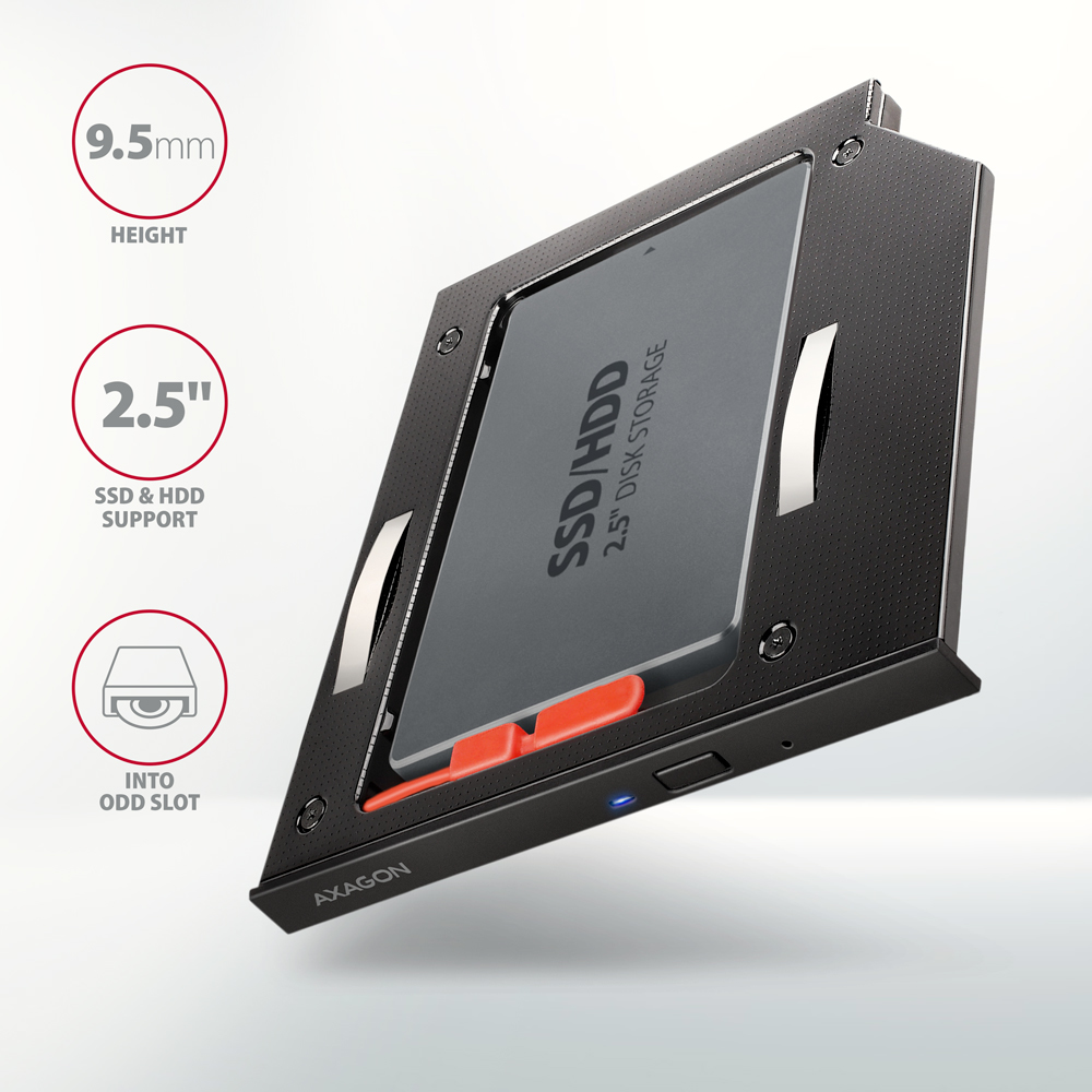 Axagon RSS-CD09 2.5 SSD/HDD caddy into DVD slot 9.5 mm LED ALU interface-kort/adapter Intern SATA