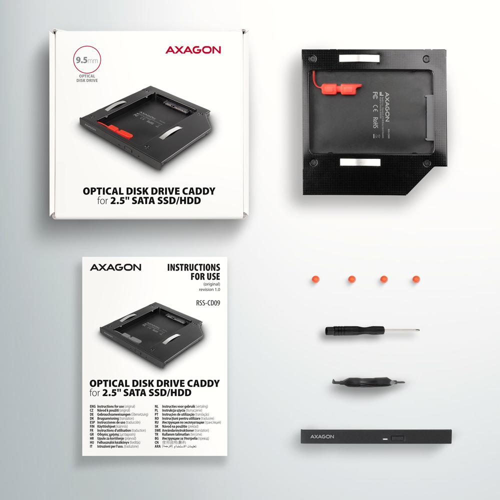 Axagon RSS-CD09 2.5 SSD/HDD caddy into DVD slot 9.5 mm LED ALU interface-kort/adapter Intern SATA