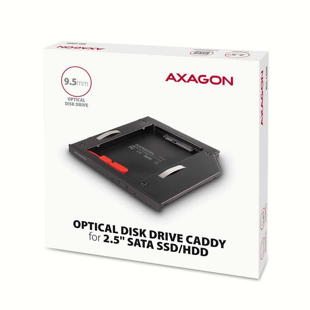 Axagon RSS-CD09 2.5 SSD/HDD caddy into DVD slot 9.5 mm LED ALU interface-kort/adapter Intern SATA