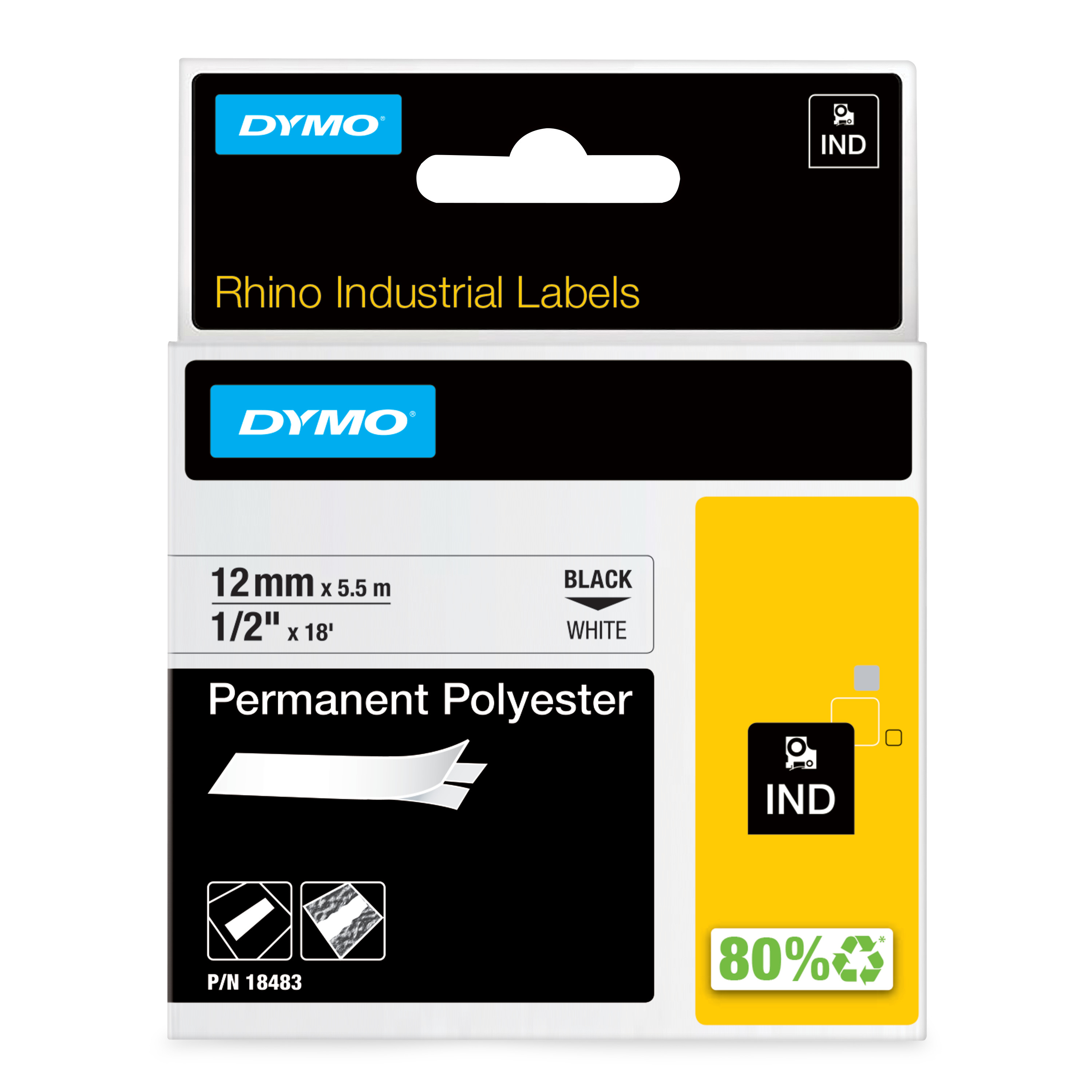 DYMO Rhino industrielle permanente polyesteretiketter | 12 mm x 5,5 m | Sort tekst på hvid | Selvklæbende | til Rhino & LabelManager etiketmaskiner